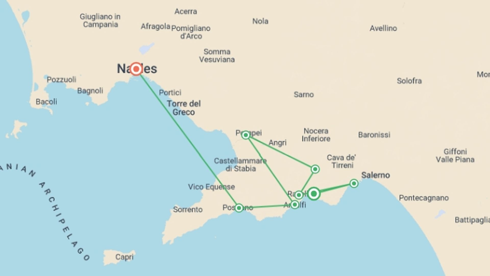 A map showing the tour itinerary for the trip: Amalfi Coast Walking - Coastal Hotel, starting in Naples, Italy and ending in Naples, Italy going through 3 other destinations.