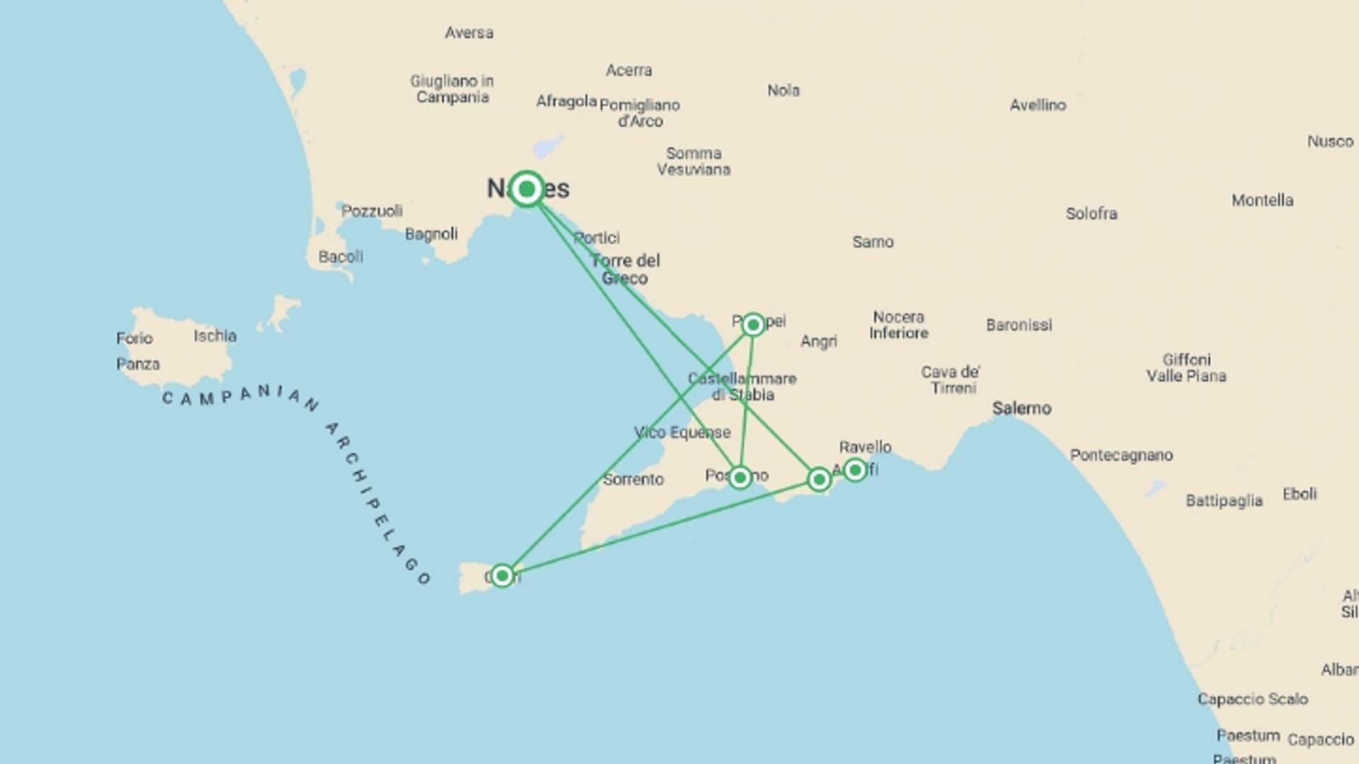 A map showing the tour itinerary for the trip: Amalfi Coast Walking - Hotel Risorgimento, starting in Naples, Italy and ending in Naples, Italy going through 3 other destinations.