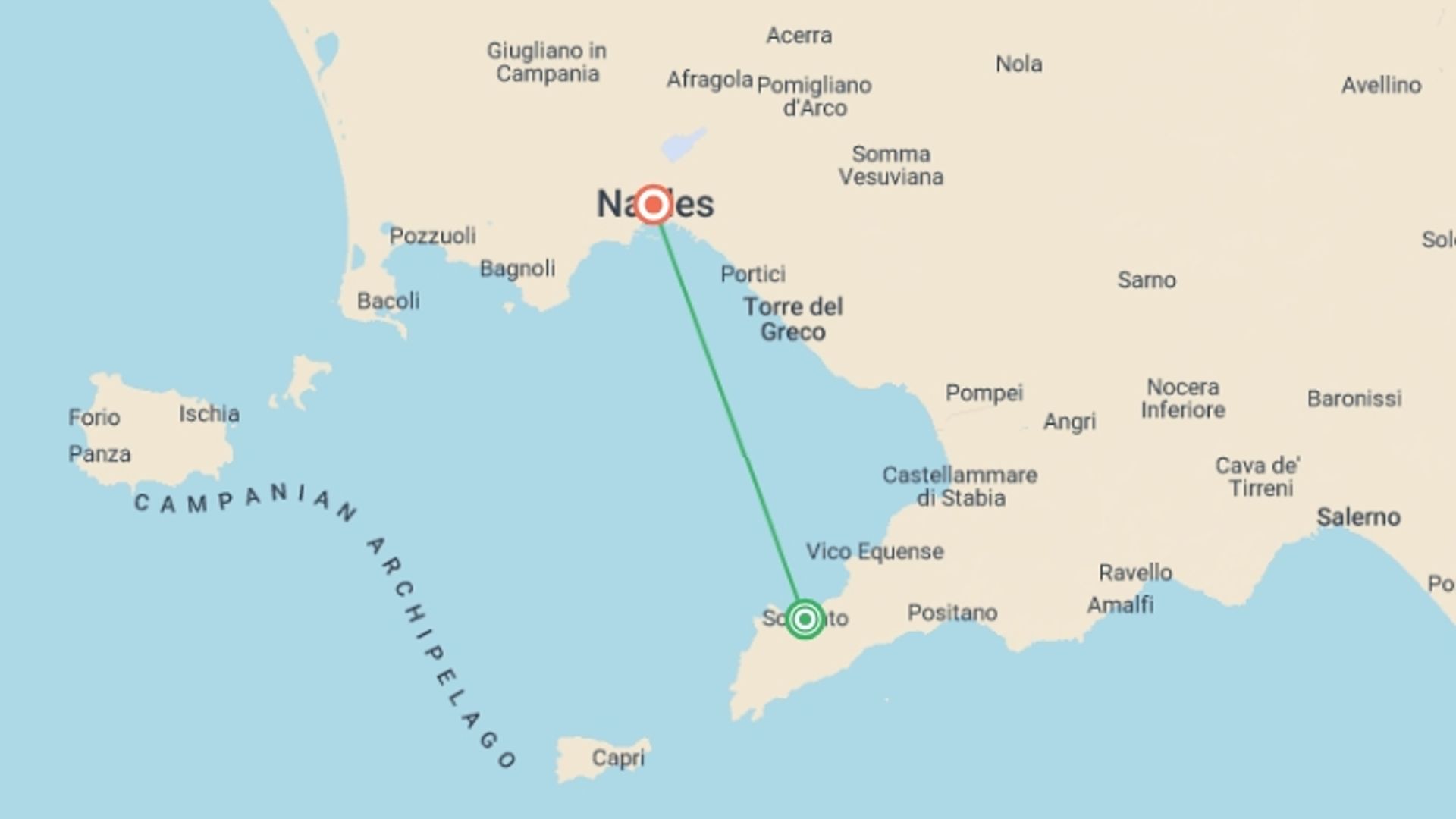 A map showing the tour itinerary for the trip: Amalfi Explorer, starting in Naples, Italy and ending in Naples, Italy going through 3 other destinations.