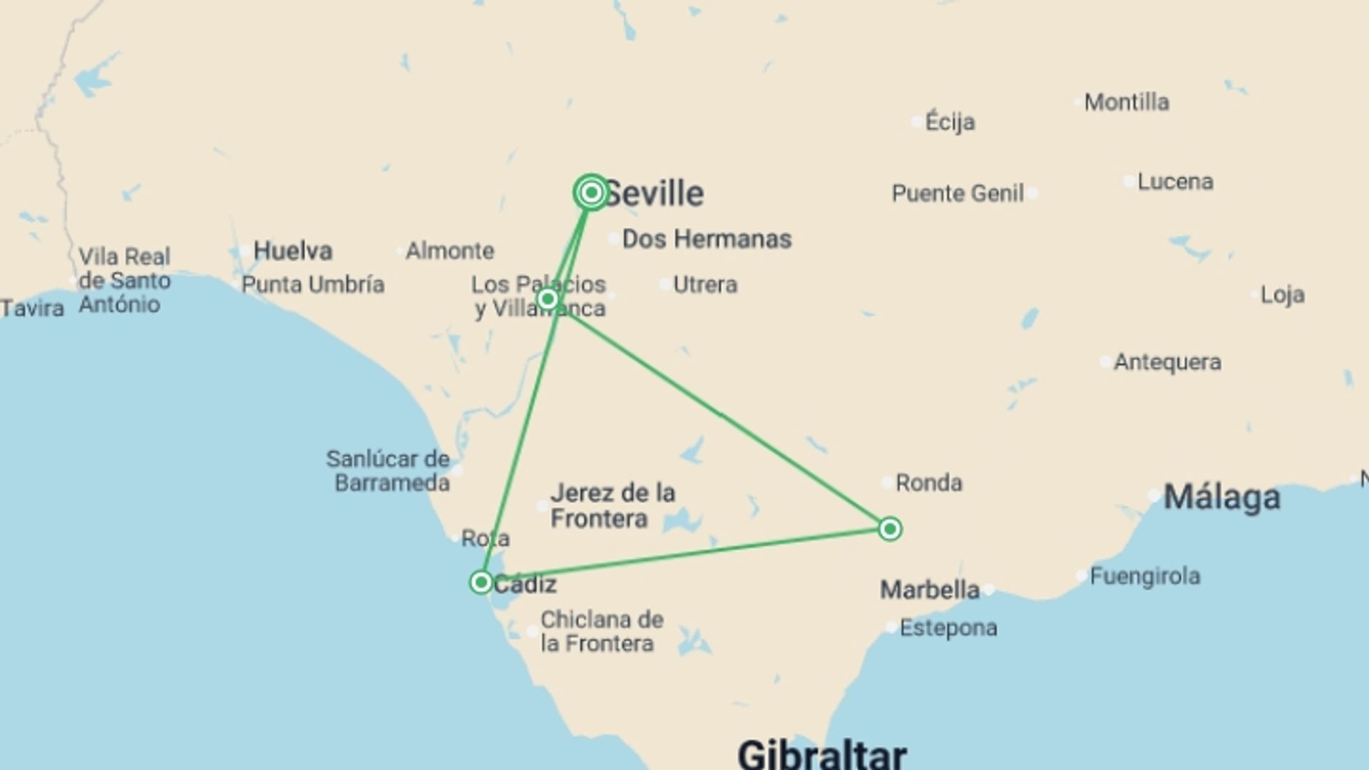 A map showing the tour itinerary for the trip: Amazing Andalusia: Enchanting Villages, Traditional Architecture, and Fabulous Cuisine (port-to-port cruise), starting in Seville, Spain and ending in Seville, Spain going through 2 other destinations.