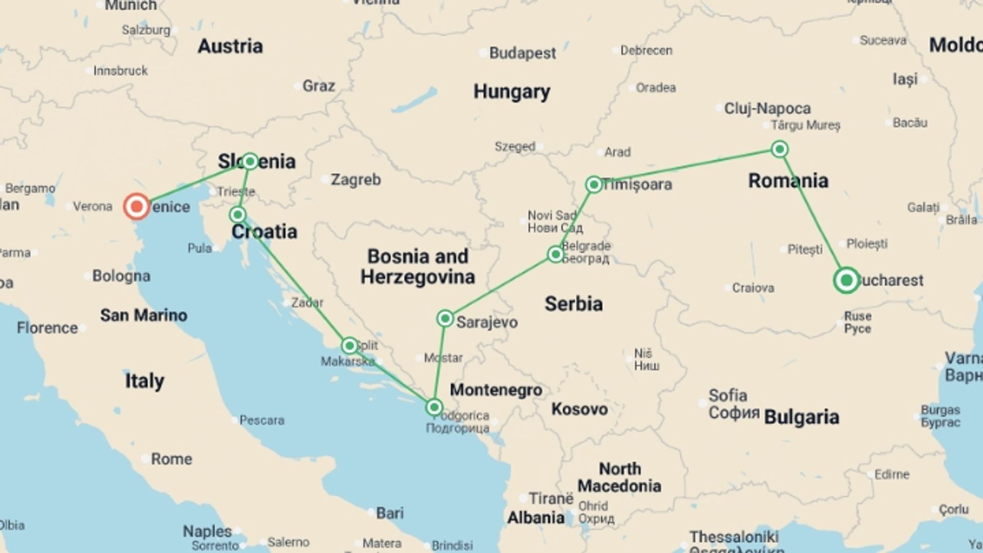 A map showing the tour itinerary for the trip: Amazing Balkans, starting in Bucharest, Romania and ending in Venice, Italy going through 9 other destinations.