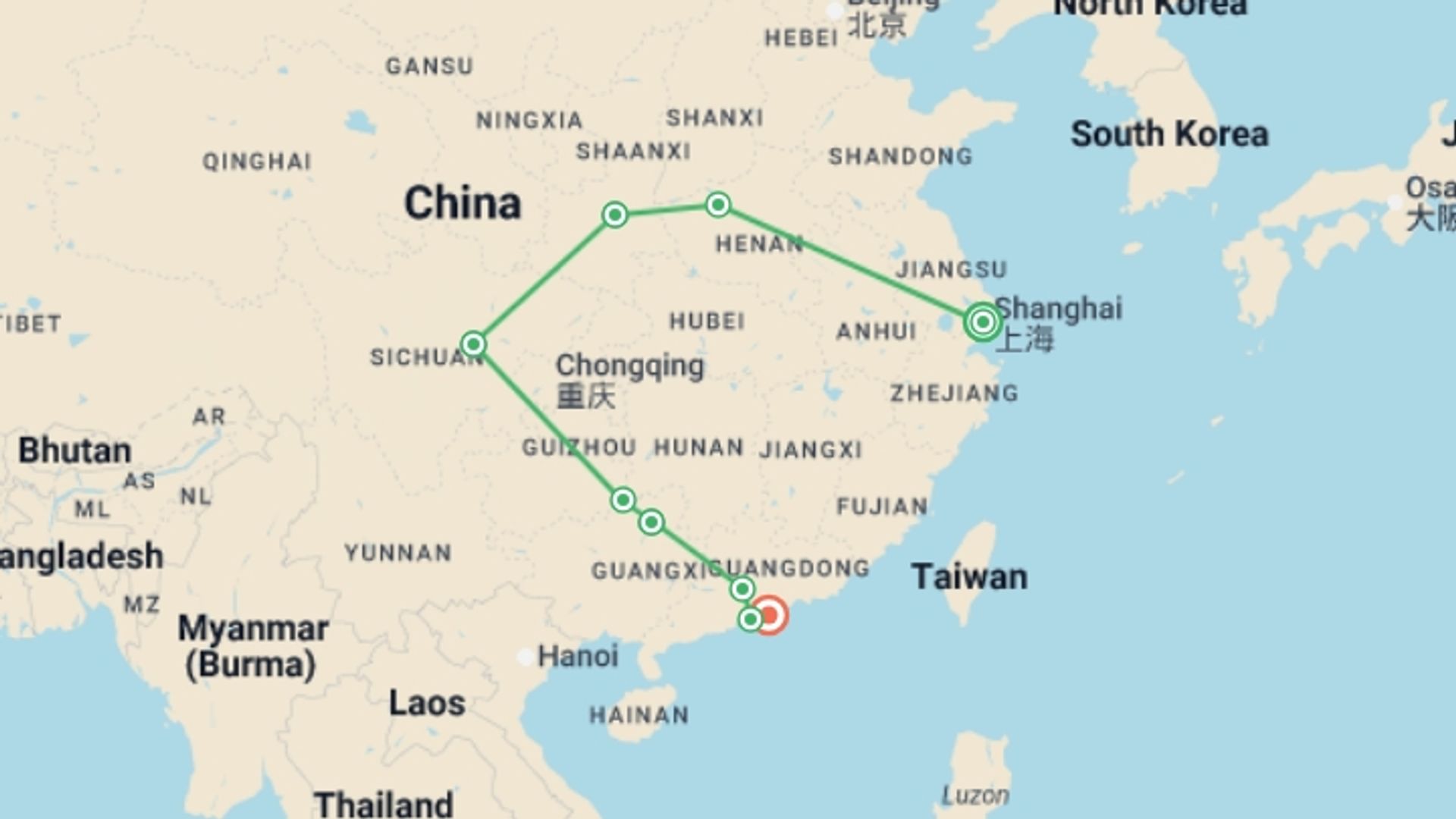 A map showing the tour itinerary for the trip: Amazing Chinese Mainland Macao and Hong Kong, starting in Shanghai, China and ending in Hong Kong, Hong Kong going through 6 other destinations.