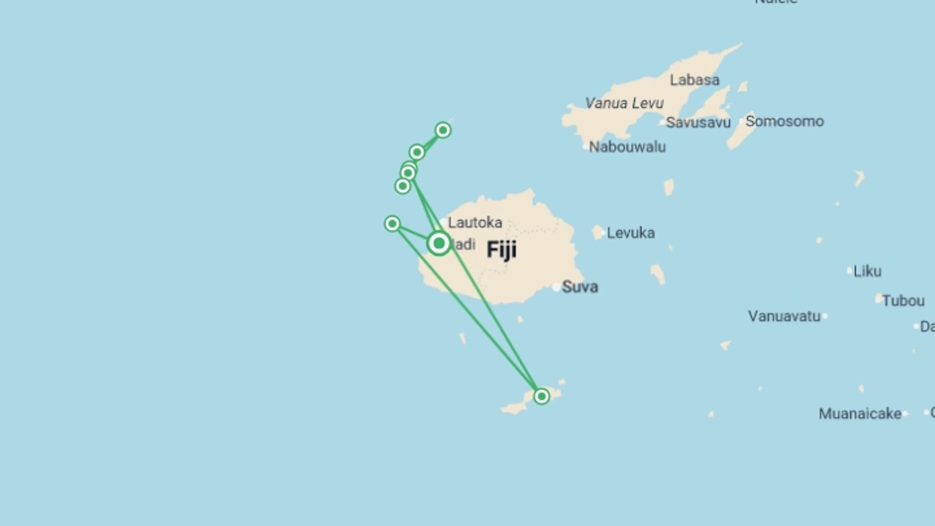 A map showing the tour itinerary for the trip: Amazing Fiji With Blue Lagoon Cruises, starting in Nadi, Fiji and ending in Nadi, Fiji going through 1 other destinations.