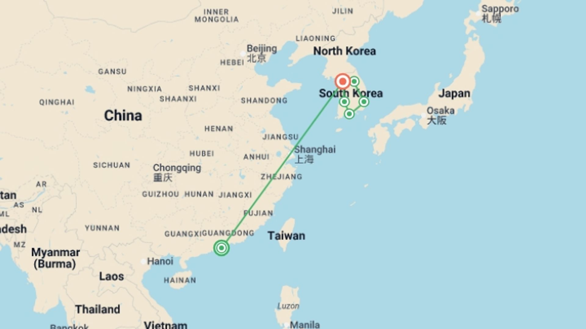 A map showing the tour itinerary for the trip: Amazing Hong Kong and Korea, starting in Hong Kong, Hong Kong and ending in Seoul, South Korea going through 4 other destinations.
