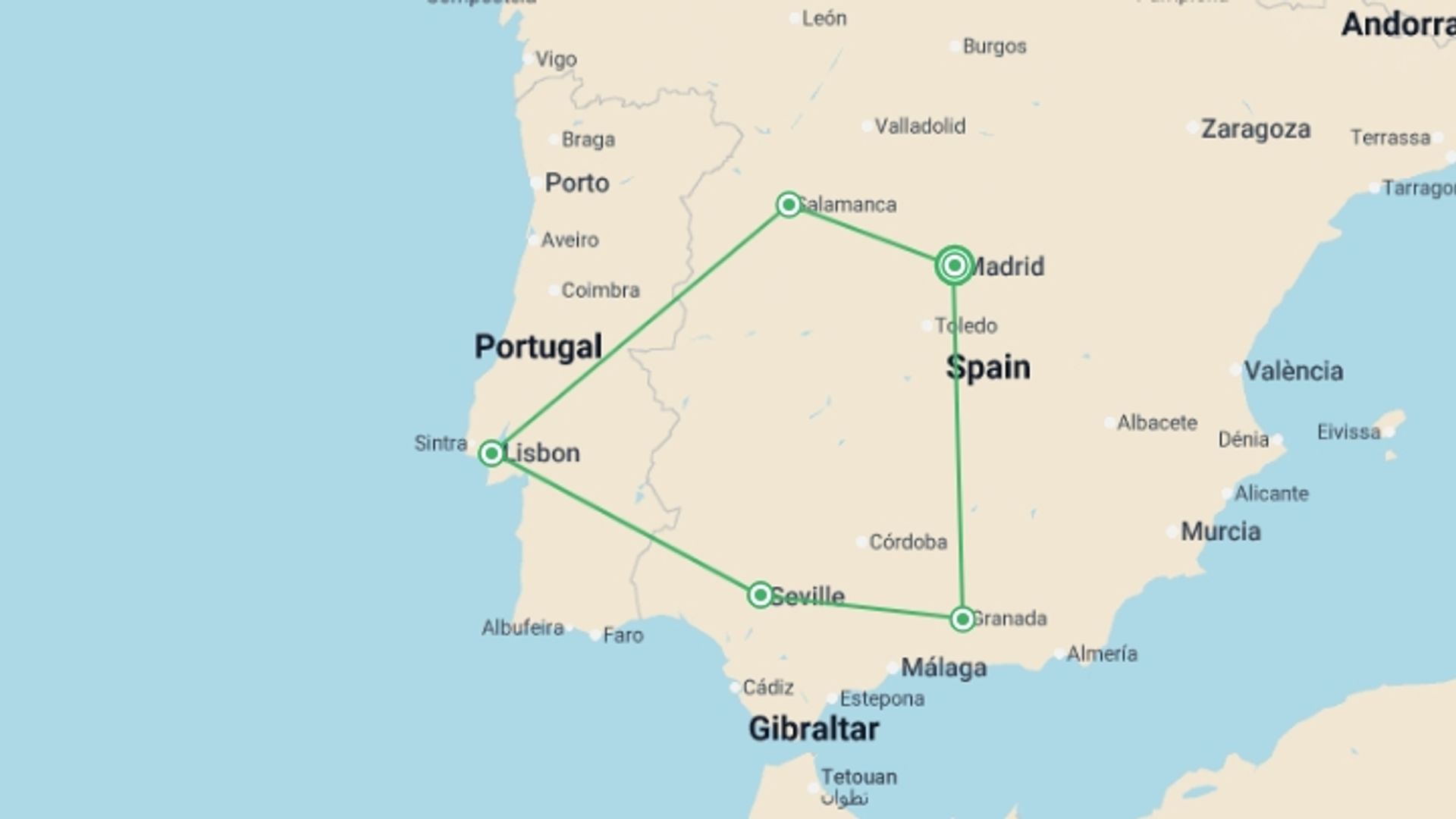 A map showing the tour itinerary for the trip: Amazing Spain and Portugal, starting in Madrid, Spain and ending in Madrid, Spain going through 5 other destinations.