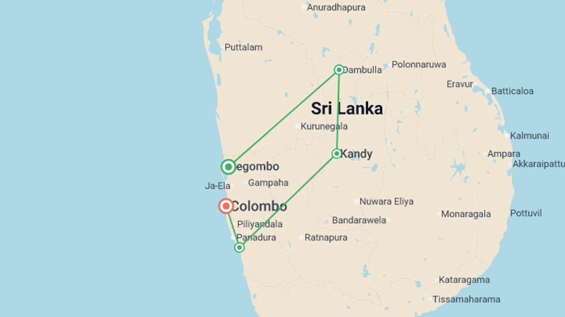 A map showing the tour itinerary for the trip: Amazing Sri Lanka, starting in Negombo, Sri Lanka and ending in Wadduwa, Sri Lanka going through 5 other destinations.