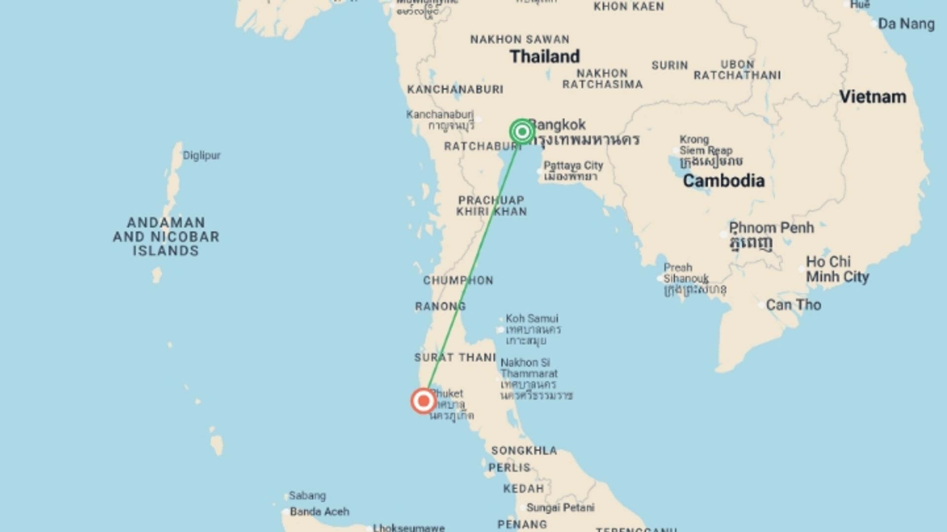 A map showing the tour itinerary for the trip: Amazing Thailand Extended, starting in Bangkok, Thailand and ending in Phuket, Thailand going through 2 other destinations.