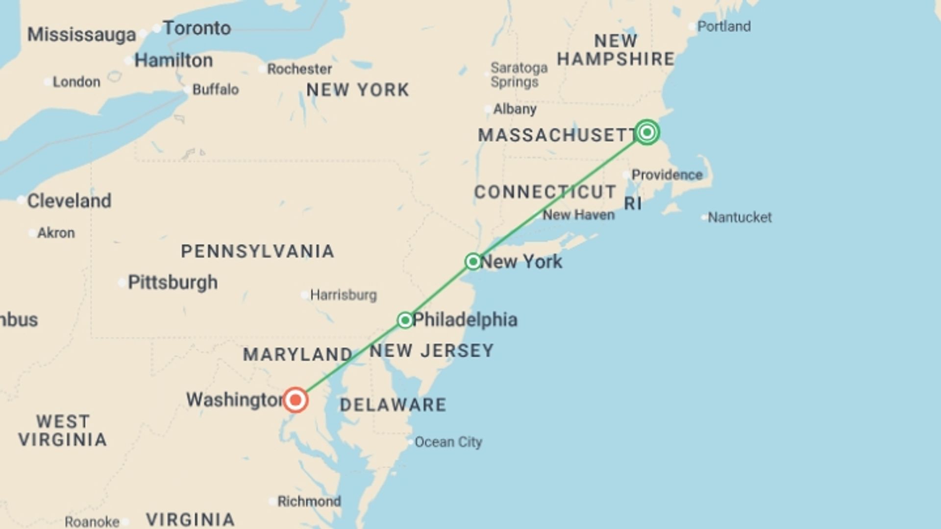 A map showing the tour itinerary for the trip: America's 250th, starting in Boston, USA and ending in Washington D.C., USA going through 4 other destinations.