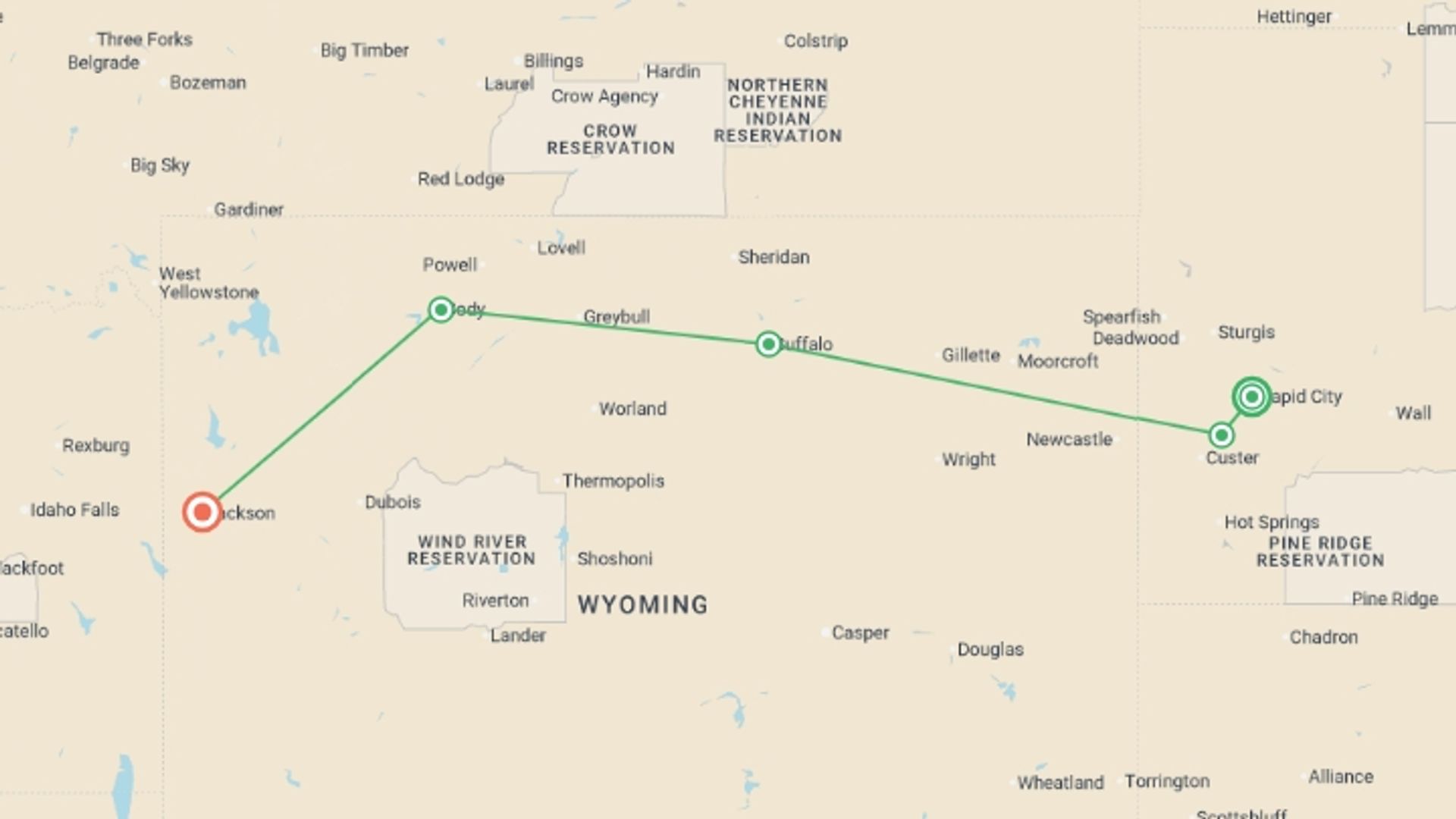 A map showing the tour itinerary for the trip: America's Cowboy Country , starting in Rapid City, USA and ending in Jackson, USA going through 2 other destinations.