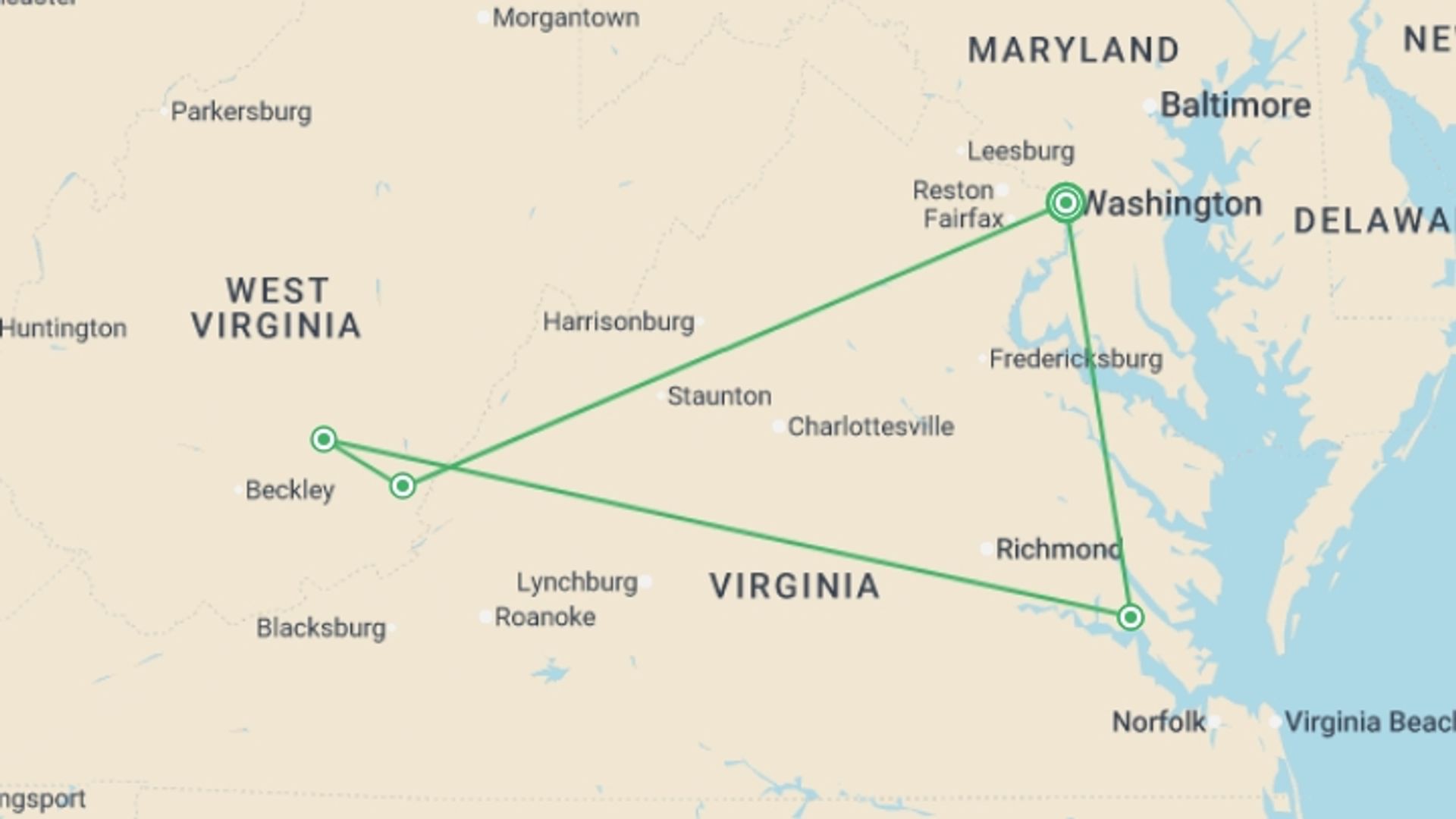 A map showing the tour itinerary for the trip: American Heritage featuring The Greenbrier Resort, starting in Washington D.C., USA and ending in Washington D.C., USA going through 1 other destinations.