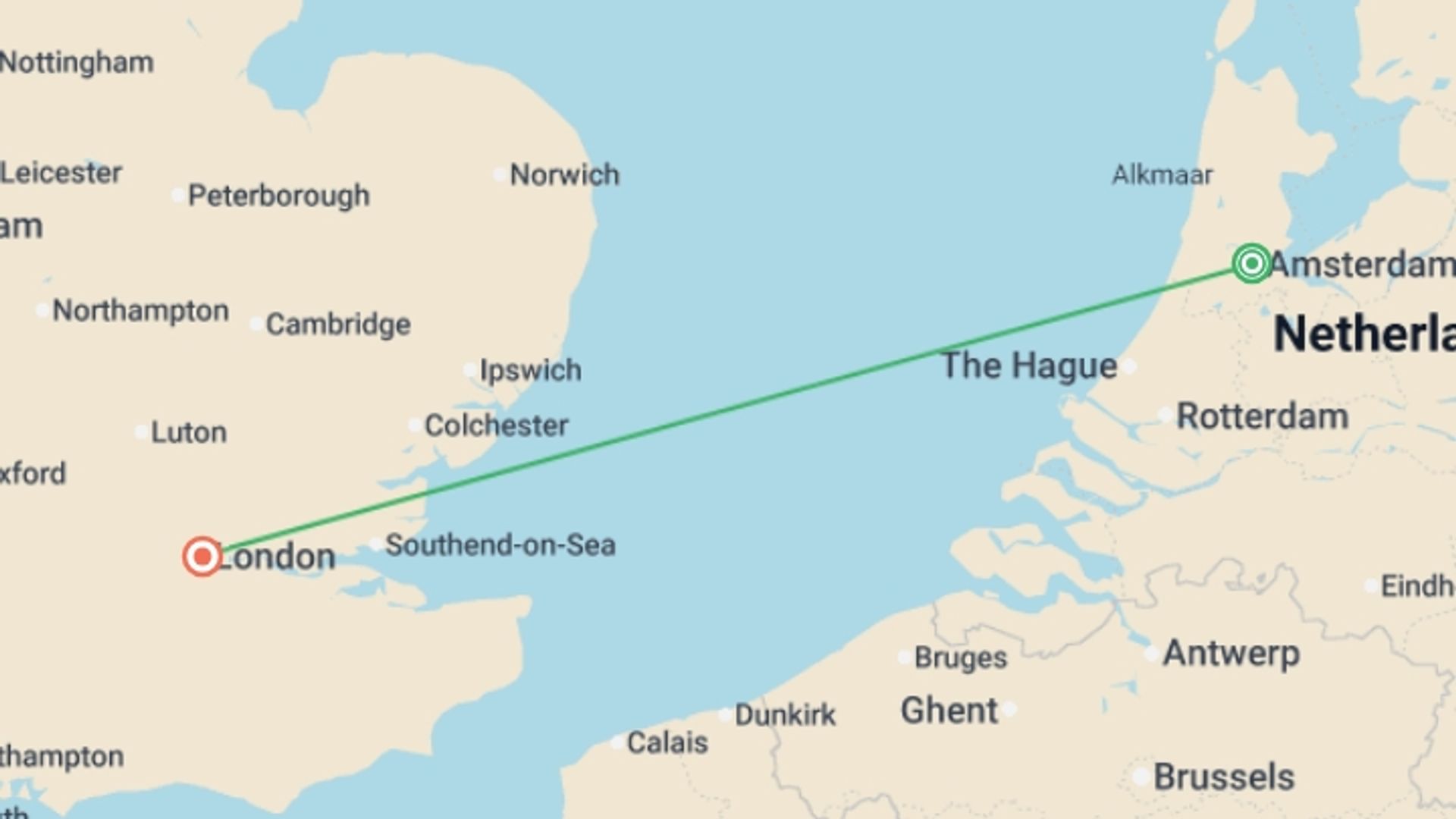 A map showing the tour itinerary for the trip: Amsterdam for Easter, starting in London, England and ending in London, England going through 2 other destinations.