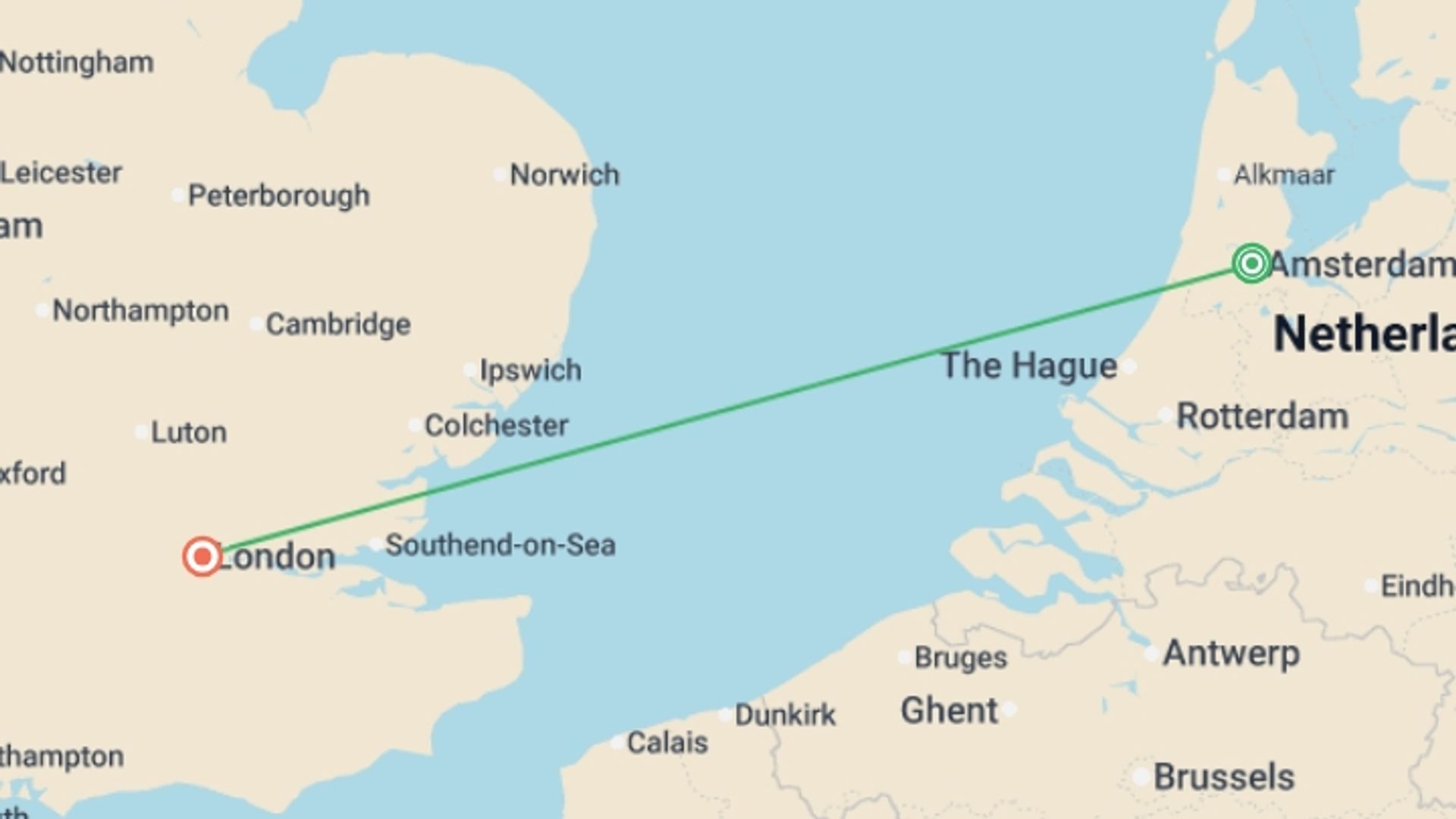 A map showing the tour itinerary for the trip: Amsterdam for Easter, starting in London, England and ending in London, England going through 2 other destinations.