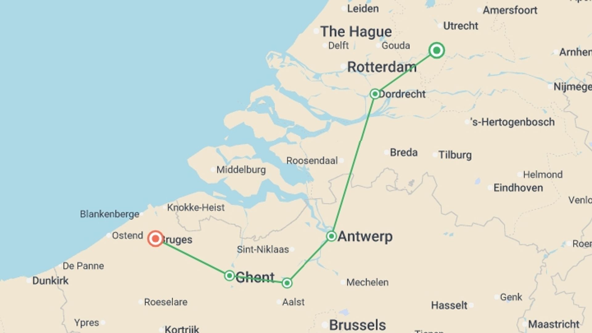 A map showing the tour itinerary for the trip: Amsterdam to Bruges Bike & Barge - Comfort, starting in Amsterdam, Holland and ending in Bruges, Belgium going through 5 other destinations.