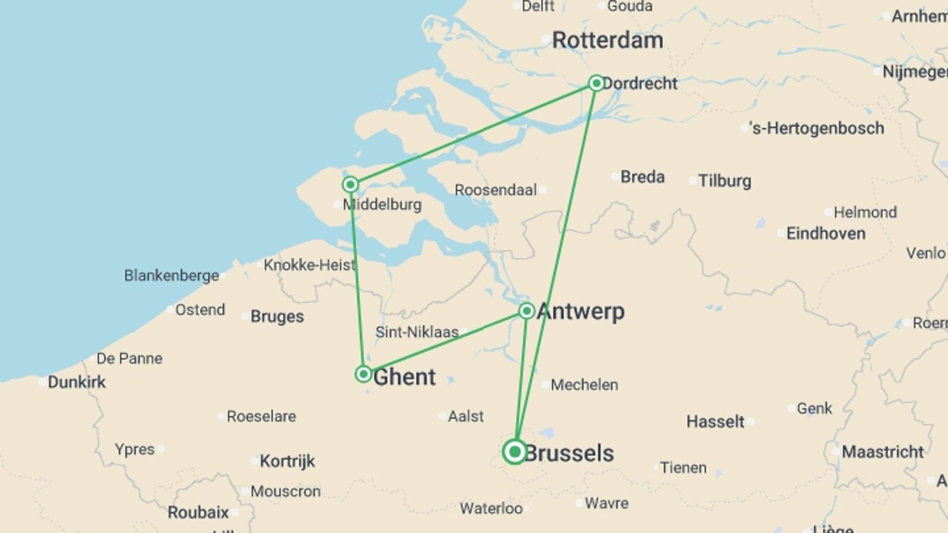 A map showing the tour itinerary for the trip: An Exclusive Cruise to Top Sites in Northern Europe (port-to-port cruise), starting in Brussels, Belgium and ending in Brussels, Belgium going through 5 other destinations.