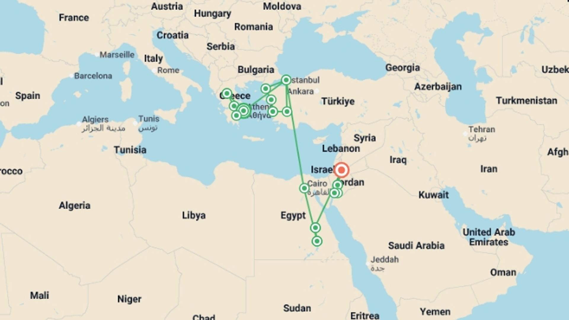 A map showing the tour itinerary for the trip: Ancient Civilizations: Greece, Turkey, Egypt & Jordan, starting in Athens, Greece and ending in Amman, Jordan going through 15 other destinations.