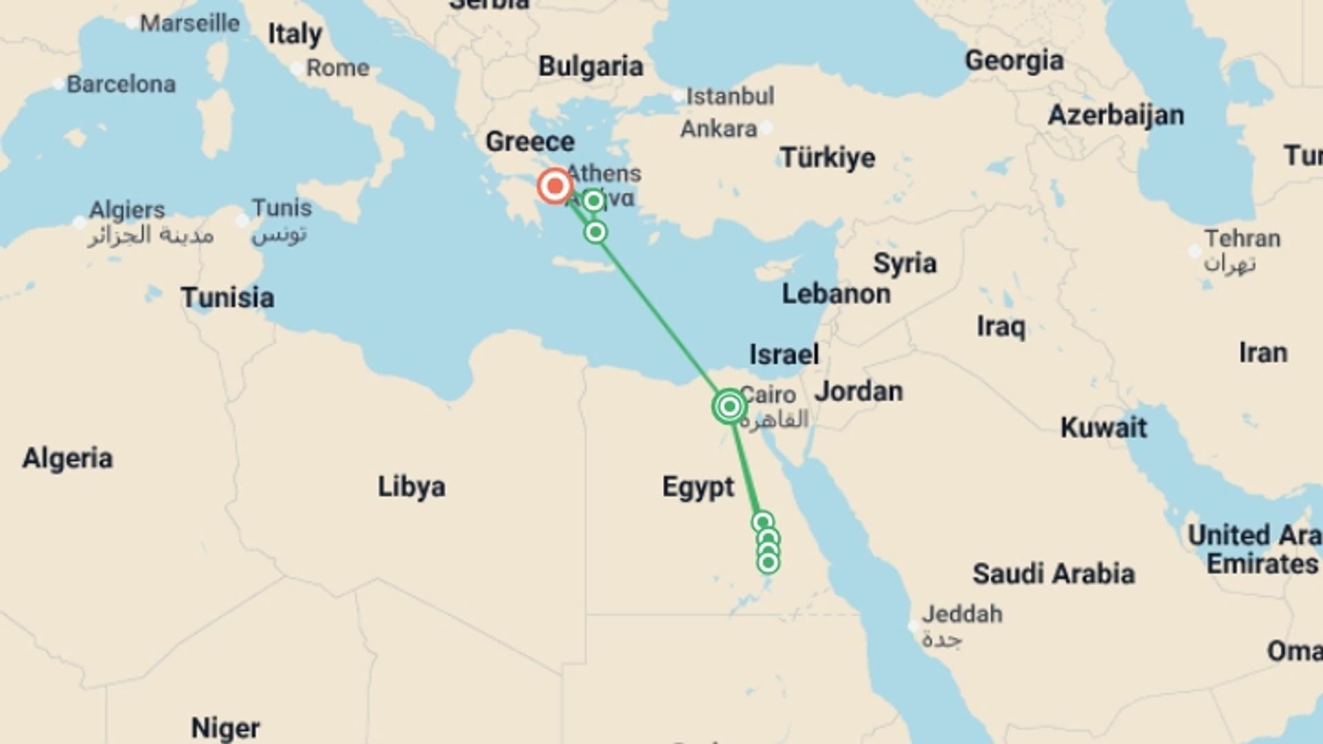 A map showing the tour itinerary for the trip: Ancient Egypt and Greece, starting in Cairo, Egypt and ending in Athens, Greece going through 7 other destinations.