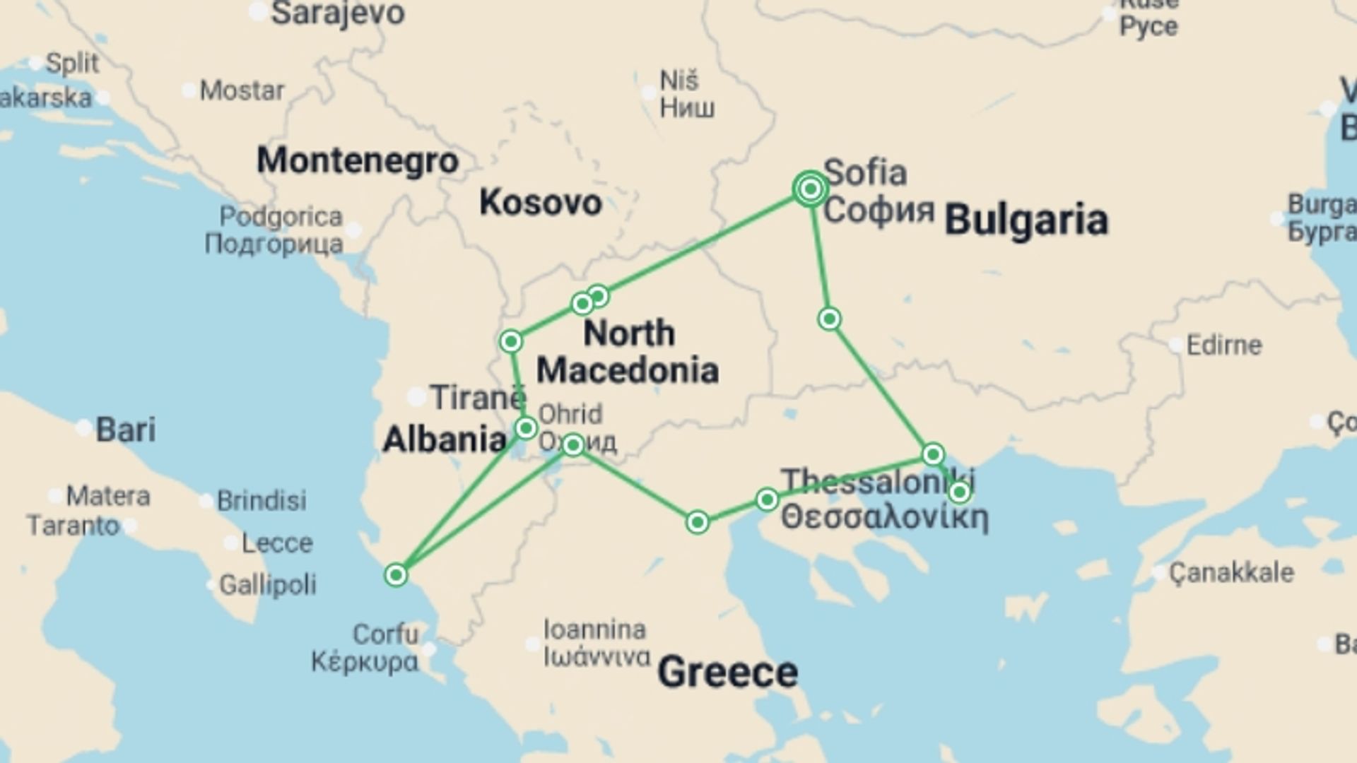 A map showing the tour itinerary for the trip: Ancient Macedonia, starting in Sofia, Bulgaria and ending in Sofia, Bulgaria going through 5 other destinations.