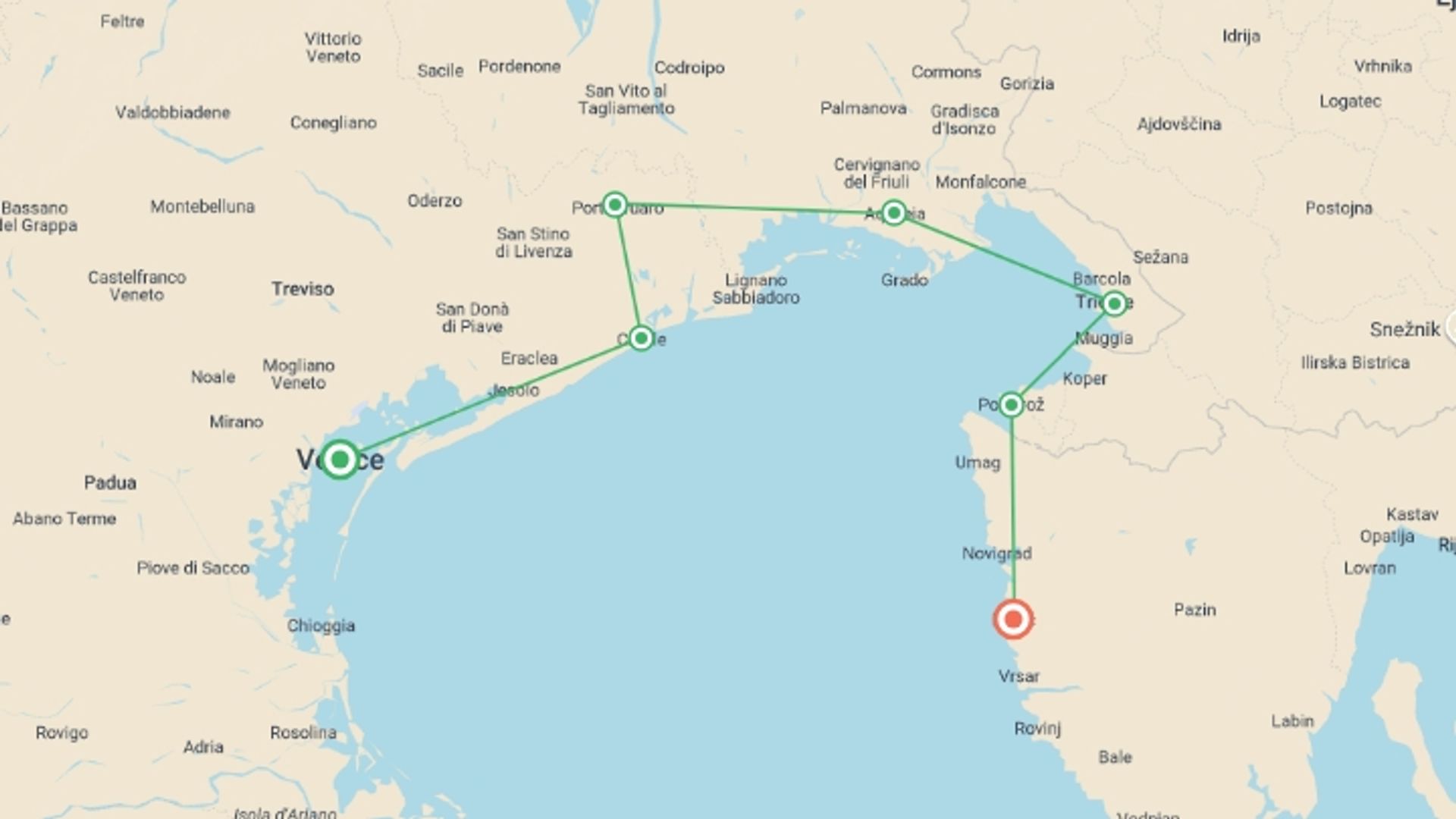 A map showing the tour itinerary for the trip: Ancient Venetian Empire by Bike, starting in Venice, Italy and ending in Venice, Italy going through 2 other destinations.