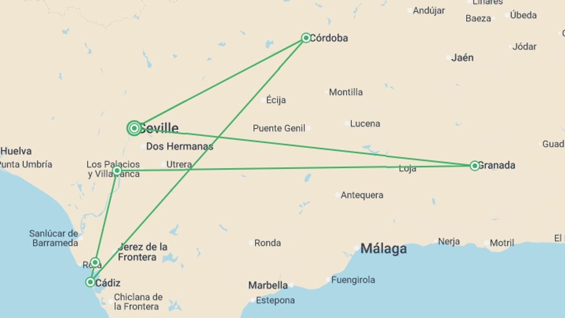 A map showing the tour itinerary for the trip: Andalusia Special ¿Feria¿: The Splendors of Andalusia Along the Guadalquivir (port-to-port cruise), starting in Seville, Spain and ending in Seville, Spain going through 5 other destinations.
