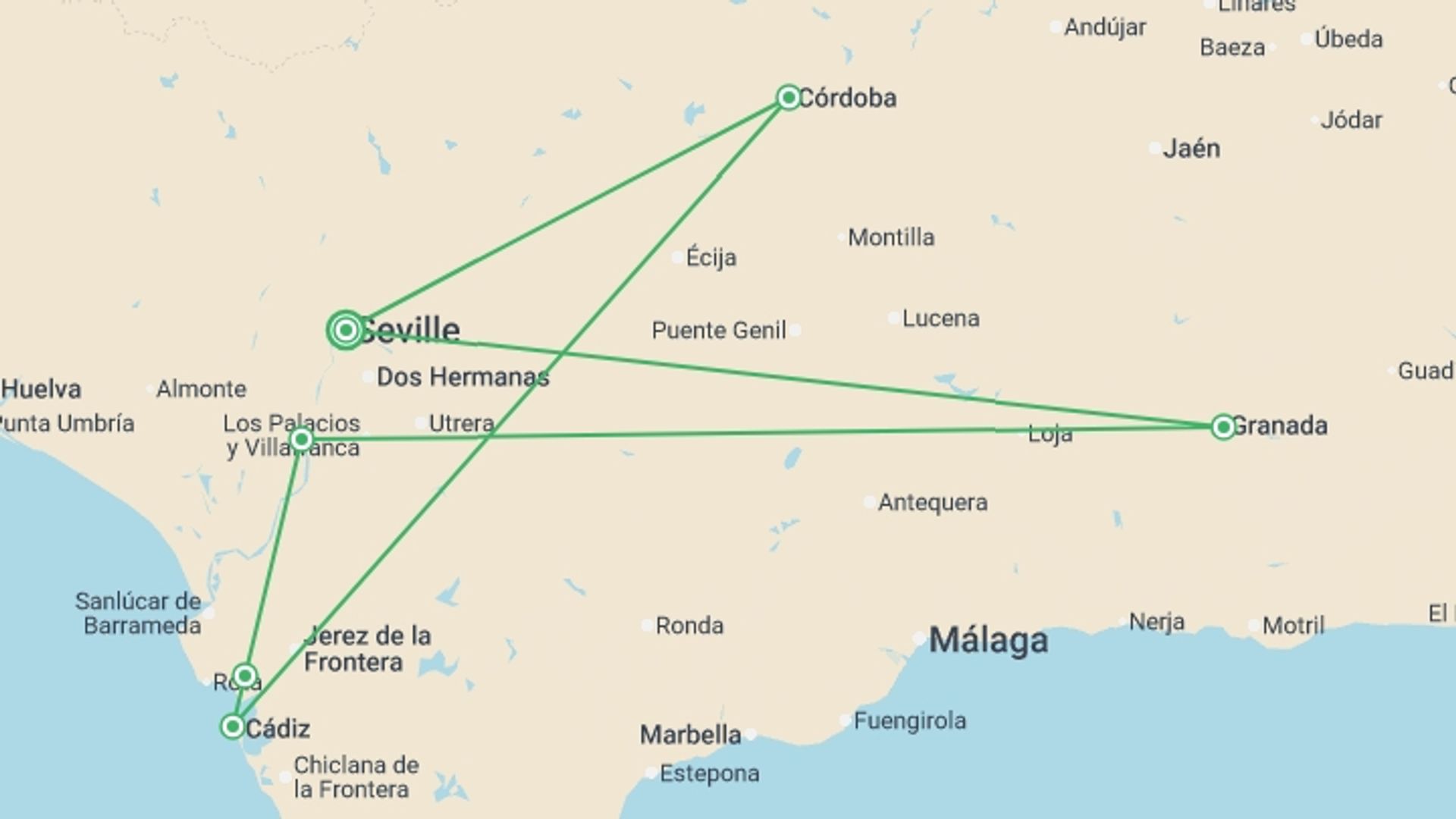 A map showing the tour itinerary for the trip: Andalusia Special ¿Feria¿: The Splendors of Andalusia Along the Guadalquivir (port-to-port cruise), starting in Seville, Spain and ending in Seville, Spain going through 4 other destinations.