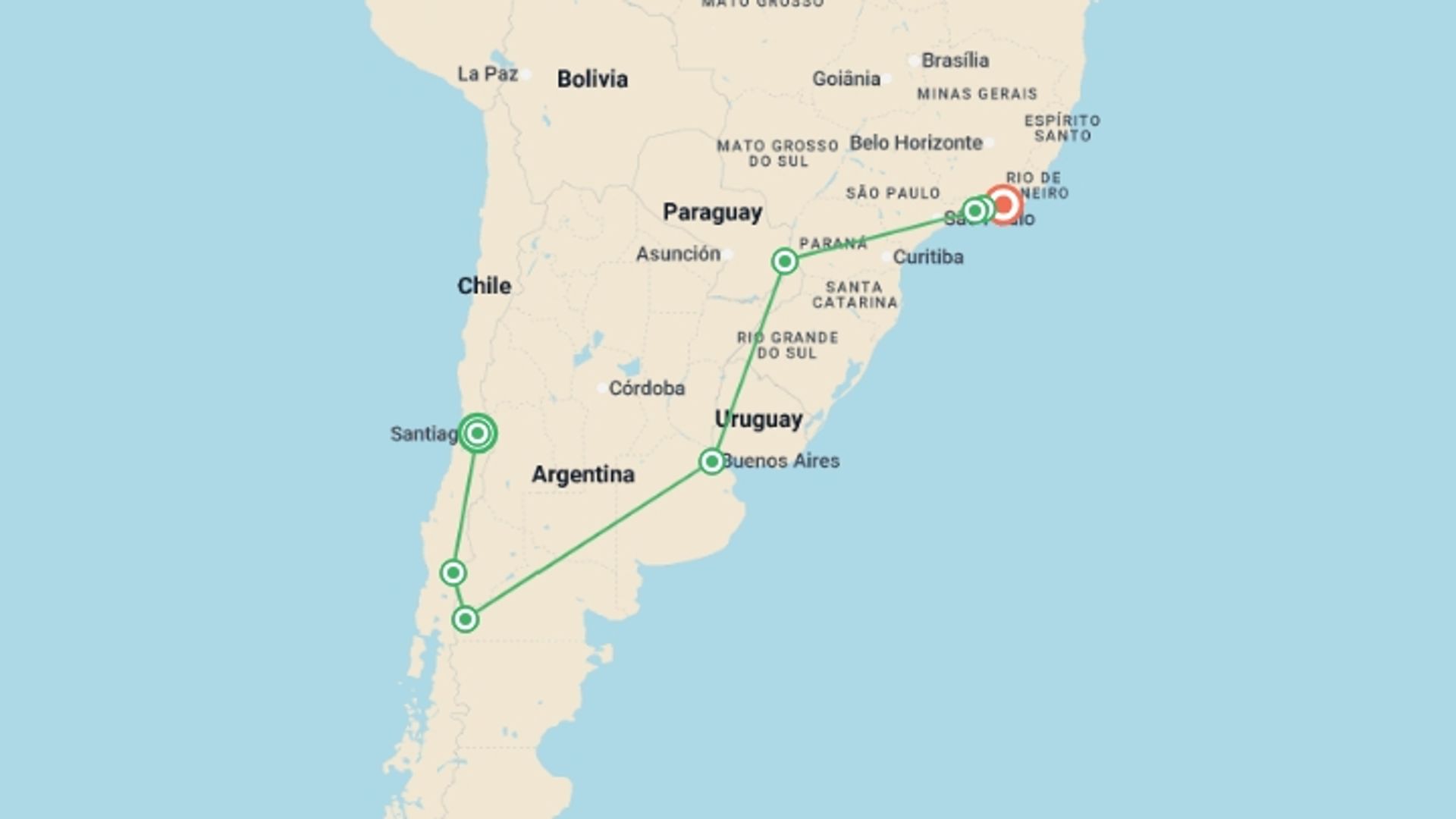 A map showing the tour itinerary for the trip: Andes, Iguassu & Beyond, starting in Santiago, Chile and ending in Rio de Janeiro, Brazil going through 8 other destinations.