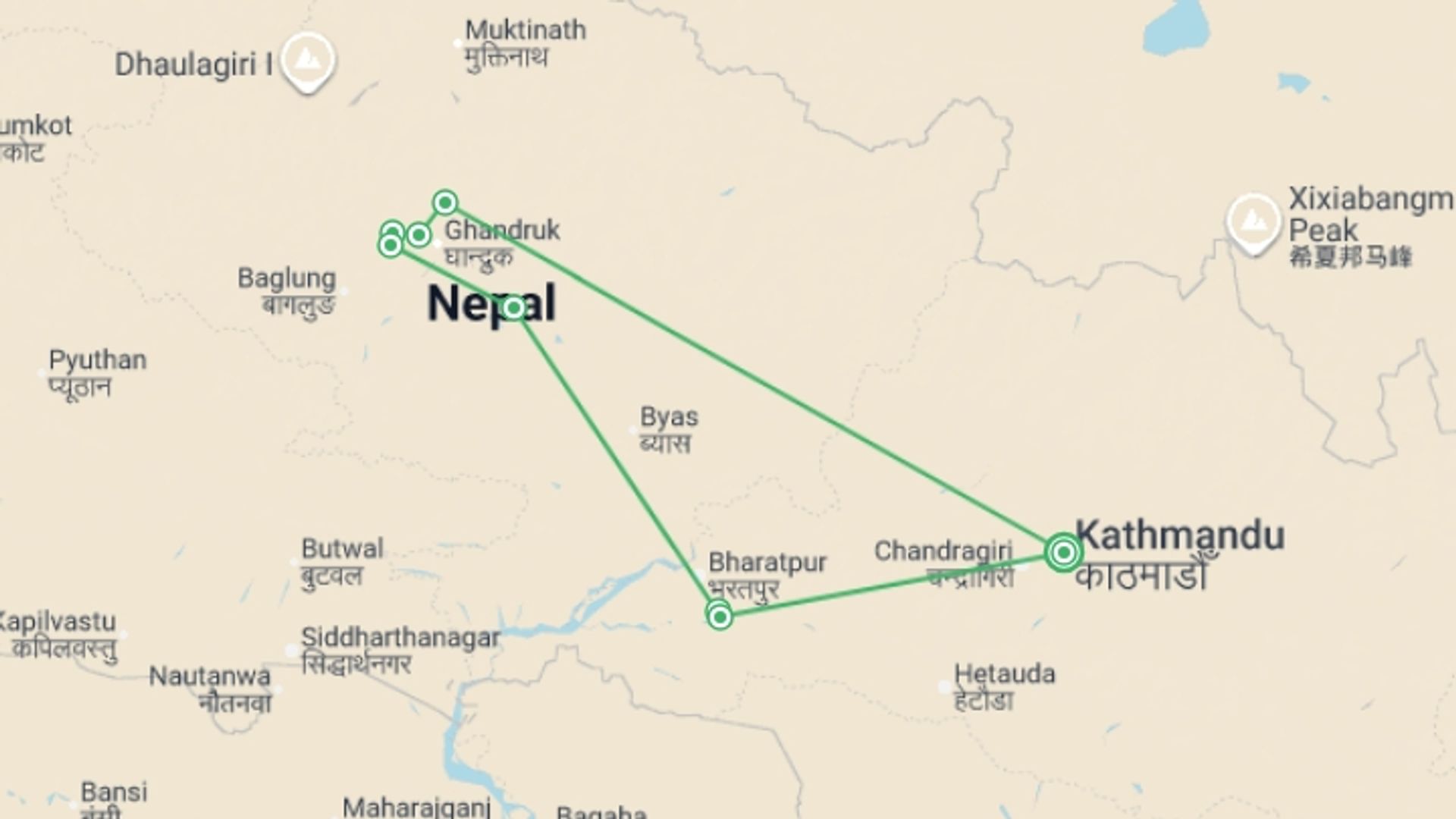 A map showing the tour itinerary for the trip: Annapurna Chitwan, starting in Kathmandu, Nepal and ending in Kathmandu, Nepal going through 3 other destinations.