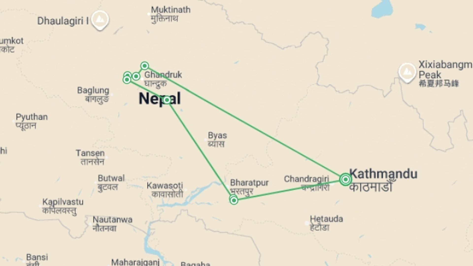 A map showing the tour itinerary for the trip: Annapurna Chitwan, starting in Kathmandu, Nepal and ending in Kathmandu, Nepal going through 3 other destinations.