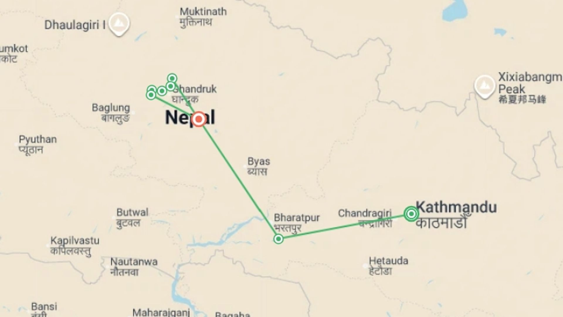 A map showing the tour itinerary for the trip: Annapurna Panorama - 12 days, starting in Kathmandu, Nepal and ending in Kathmandu, Nepal going through 4 other destinations.