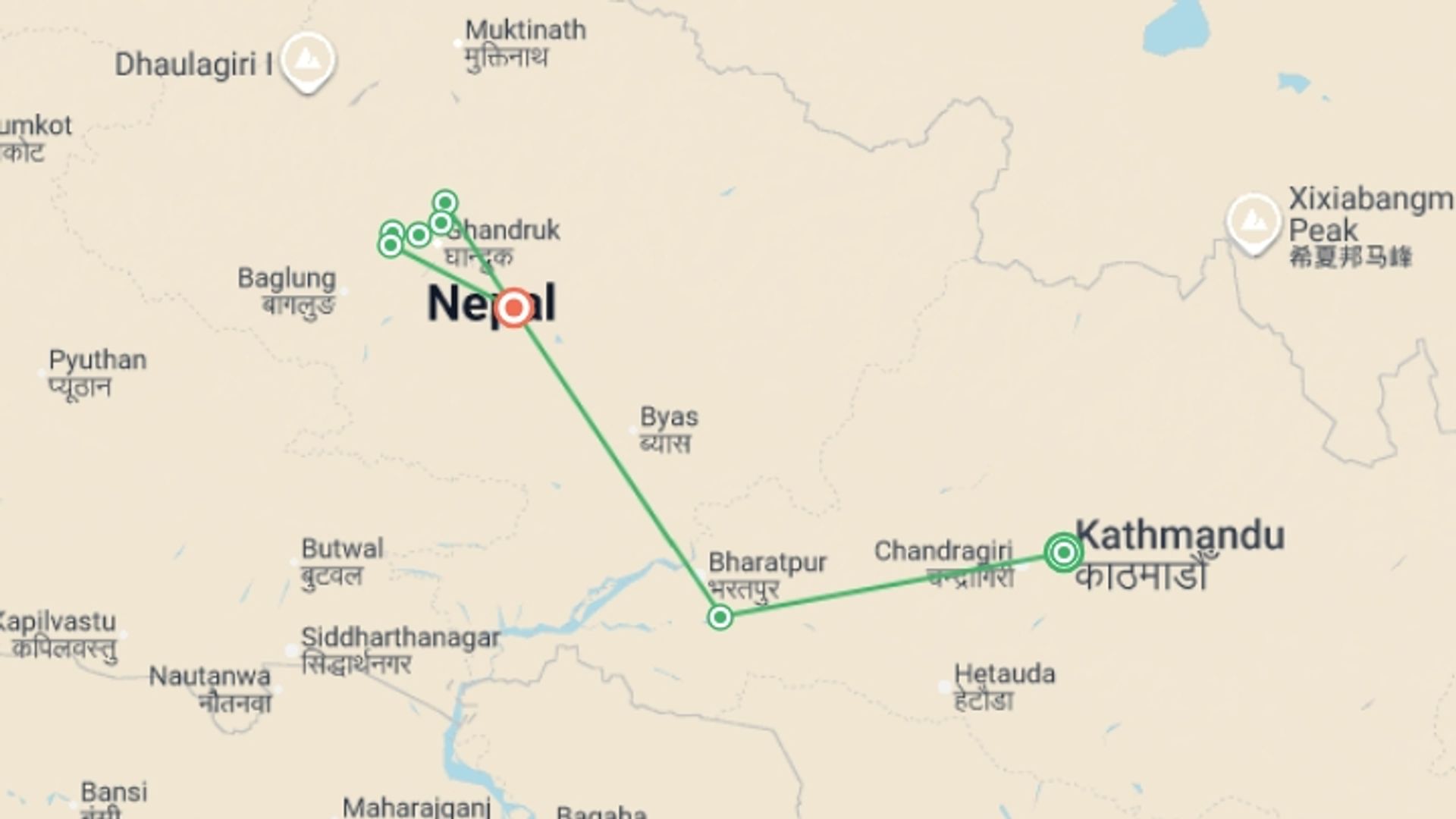 A map showing the tour itinerary for the trip: Annapurna Panorama - 12 days, starting in Kathmandu, Nepal and ending in Kathmandu, Nepal going through 4 other destinations.