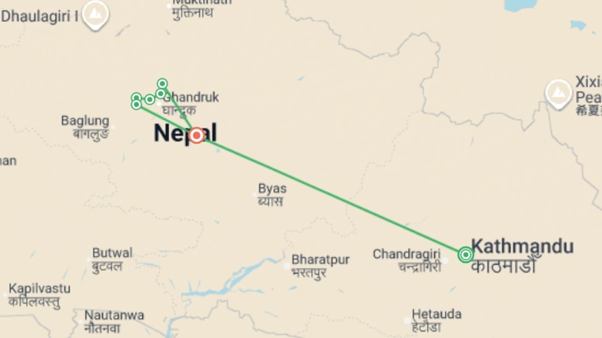 A map showing the tour itinerary for the trip: Annapurna Poon Hill Trek - 9 days, starting in Kathmandu, Nepal and ending in Kathmandu, Nepal going through 2 other destinations.