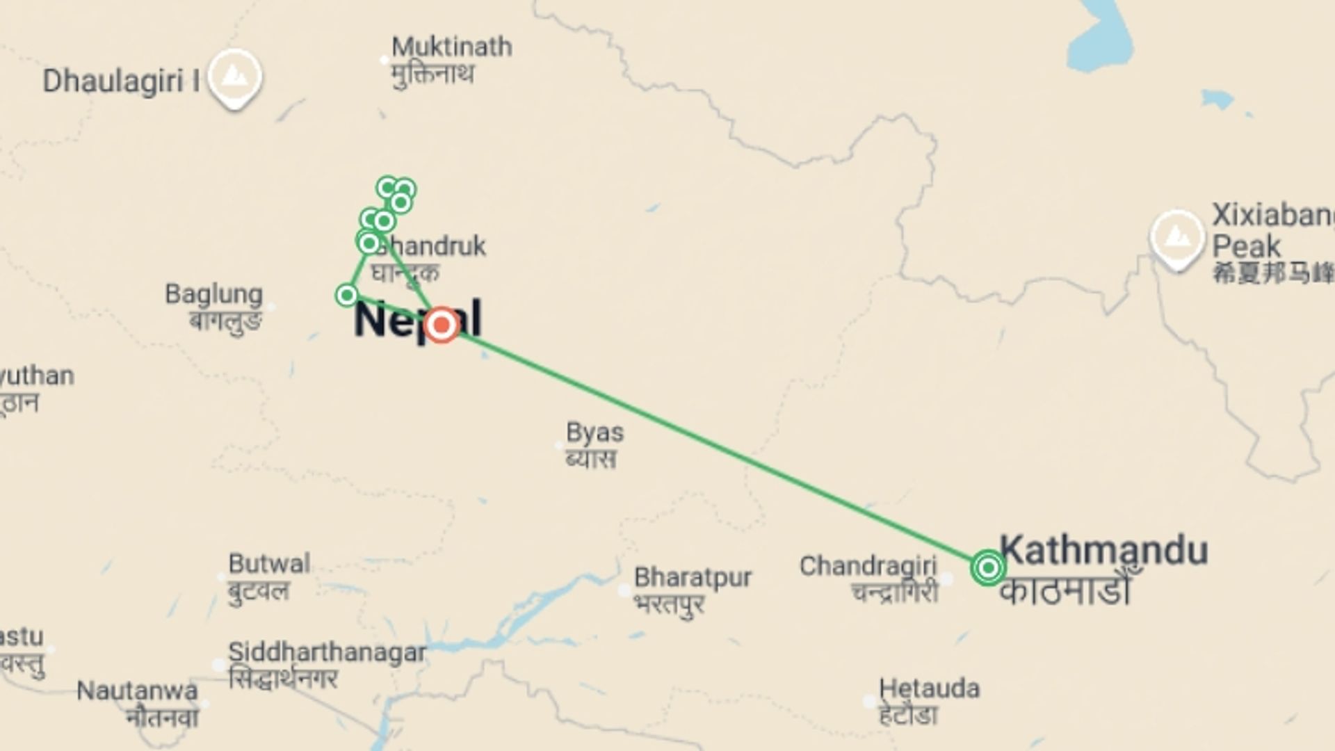 A map showing the tour itinerary for the trip: Annapurna Sanctuary Trek, starting in Kathmandu, Nepal and ending in Kathmandu, Nepal going through 3 other destinations.