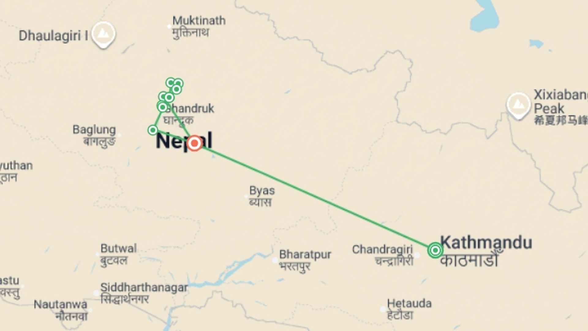 A map showing the tour itinerary for the trip: Annapurna Sanctuary Trek, starting in Kathmandu, Nepal and ending in Kathmandu, Nepal going through 3 other destinations.