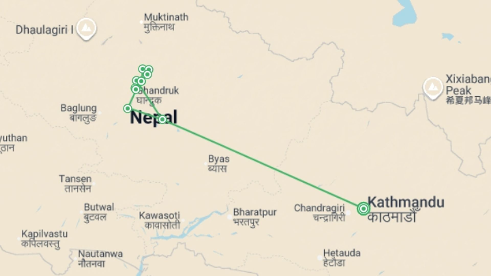 A map showing the tour itinerary for the trip: Annapurna Sanctuary Trek, starting in Kathmandu, Nepal and ending in Kathmandu, Nepal going through 3 other destinations.