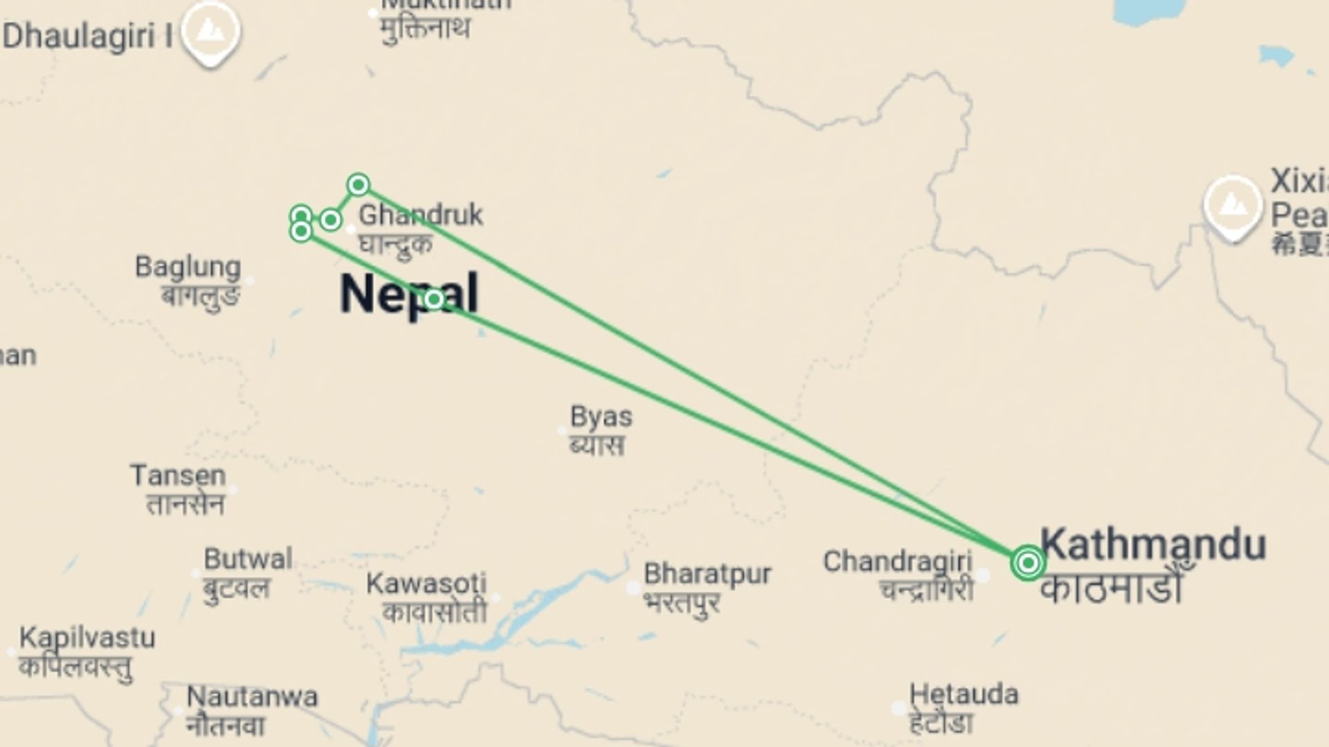 A map showing the tour itinerary for the trip: Annapurna Trek in Comfort - Private Comfort Camp, starting in Kathmandu, Nepal and ending in Kathmandu, Nepal going through 2 other destinations.