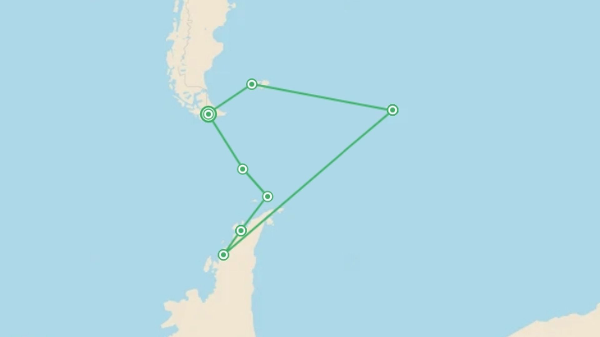 A map showing the tour itinerary for the trip: Antarctic Circle, South Georgia and the Falklands - M/V Greg Mortimer, starting in Ushuaia, Argentina and ending in Ushuaia, Argentina going through 5 other destinations.