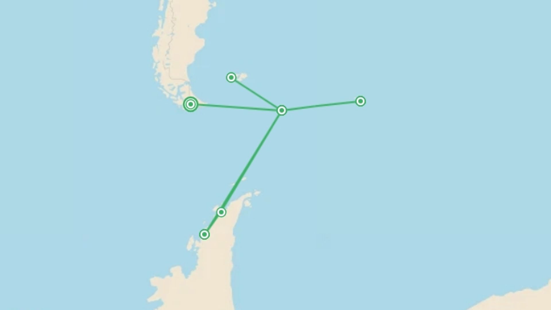 A map showing the tour itinerary for the trip: Antarctic Circle, South Georgia and the Falklands - M/V Sylvia Earle, starting in Ushuaia, Argentina and ending in Ushuaia, Argentina going through 2 other destinations.