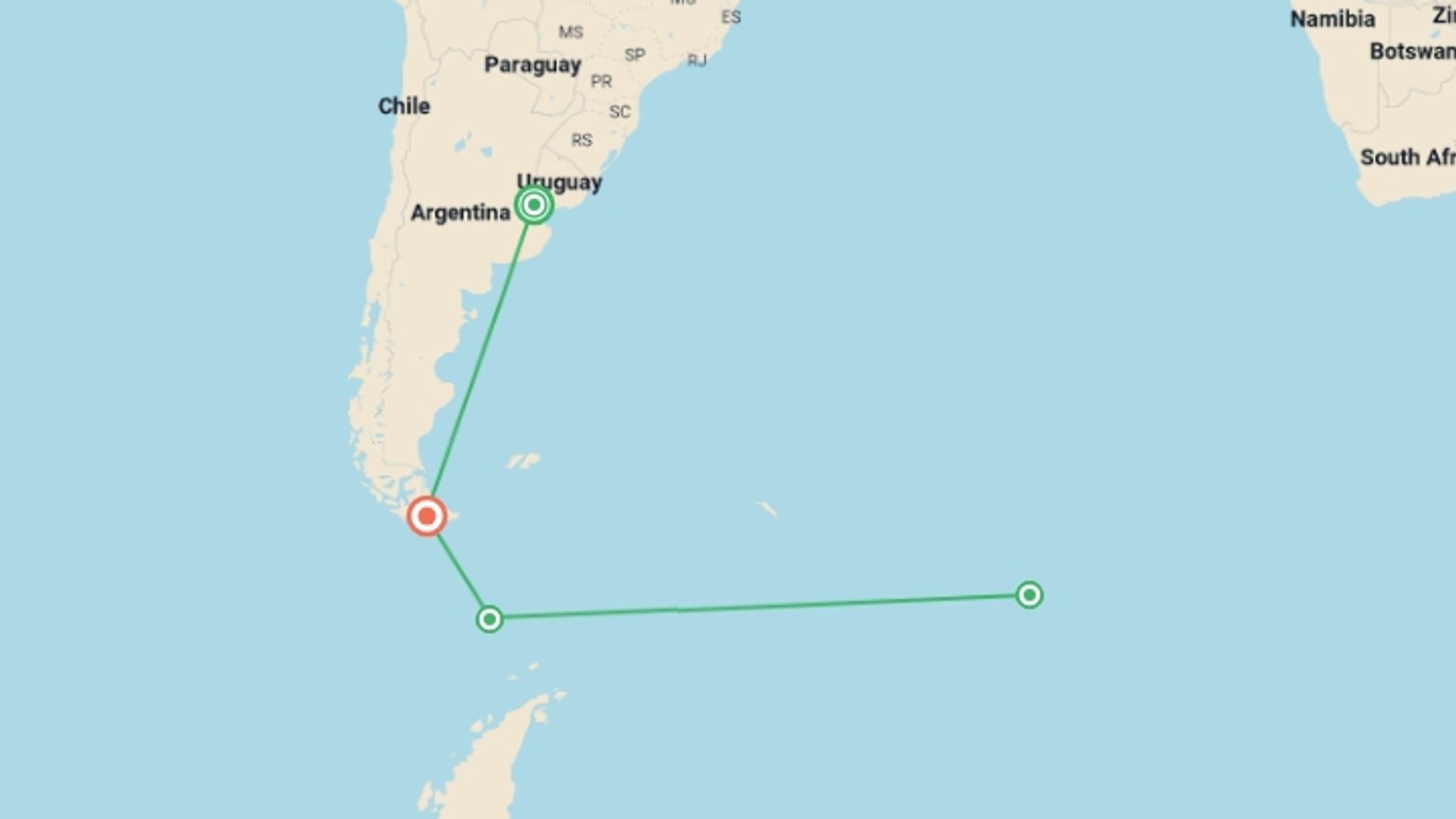 A map showing the tour itinerary for the trip: Antarctica: The White Continent, starting in Buenos Aires, Argentina and ending in Buenos Aires, Argentina going through 2 other destinations.