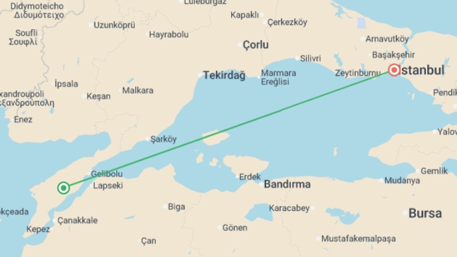 A map showing the tour itinerary for the trip: ANZAC Day 2025 - 2 day, starting in Istanbul, Turkey and ending in Istanbul, Turkey going through 1 other destinations.