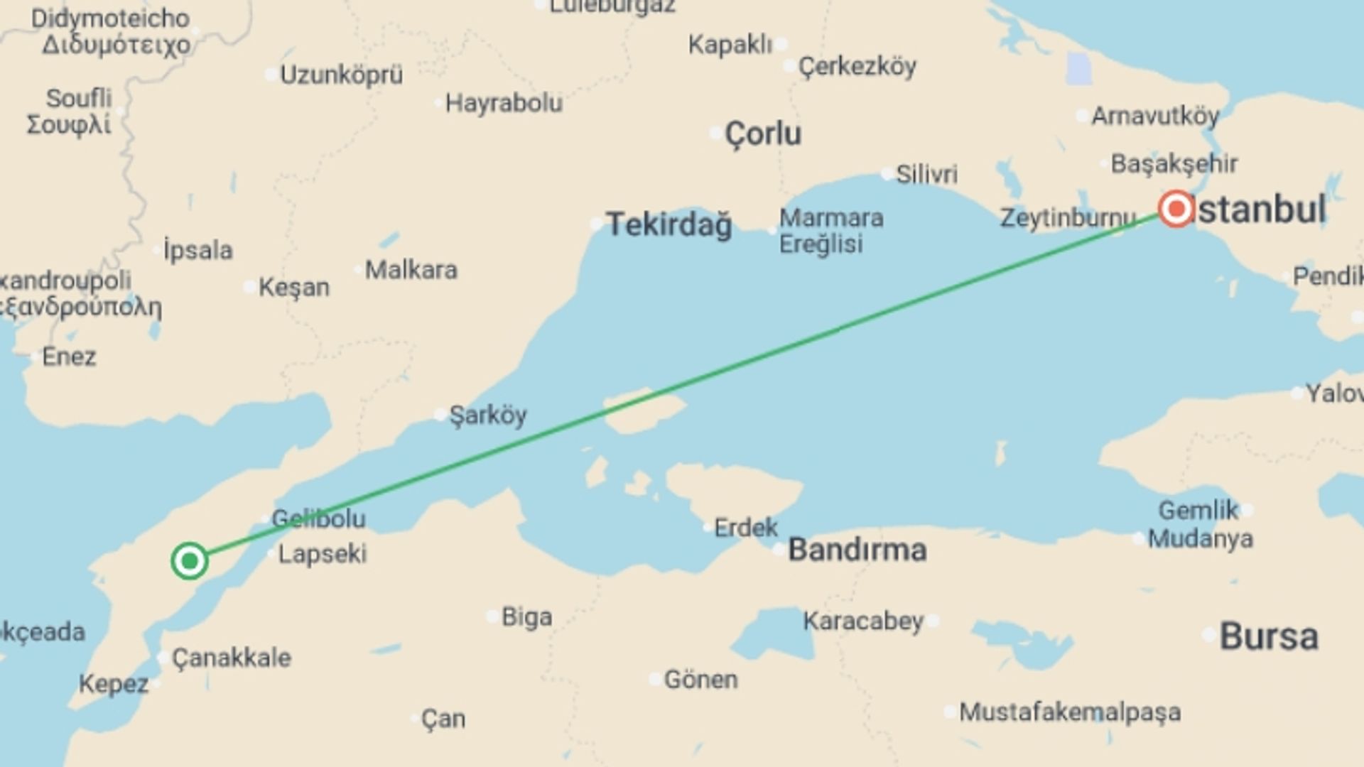 A map showing the tour itinerary for the trip: ANZAC Day 2025 - 2 day, starting in Istanbul, Turkey and ending in Istanbul, Turkey going through 1 other destinations.