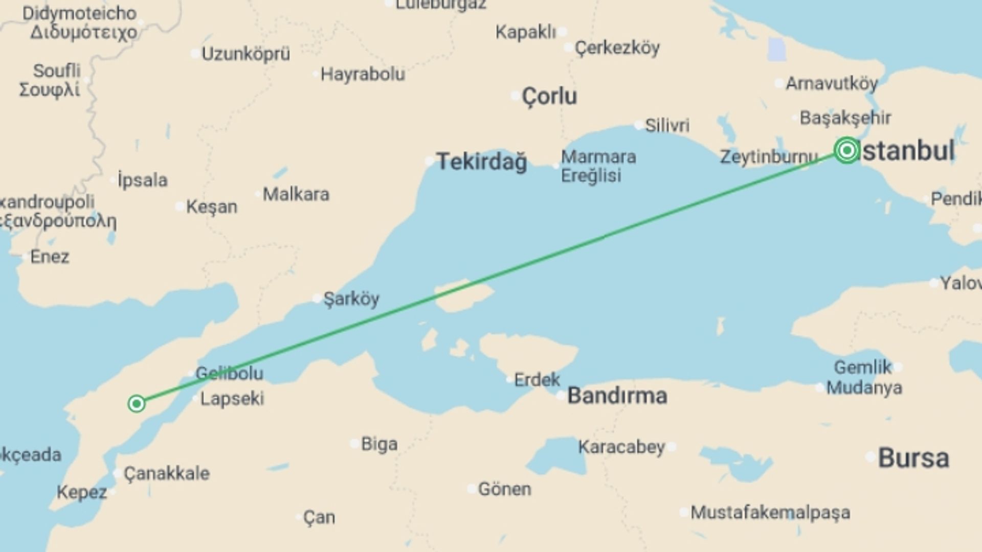 A map showing the tour itinerary for the trip: ANZAC DAY - 5 day, starting in Istanbul, Turkey and ending in Istanbul, Turkey going through 1 other destinations.