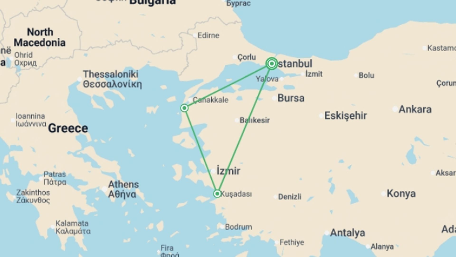 A map showing the tour itinerary for the trip: ANZAC DAY - 8 day, starting in Istanbul, Turkey and ending in Istanbul, Turkey going through 3 other destinations.
