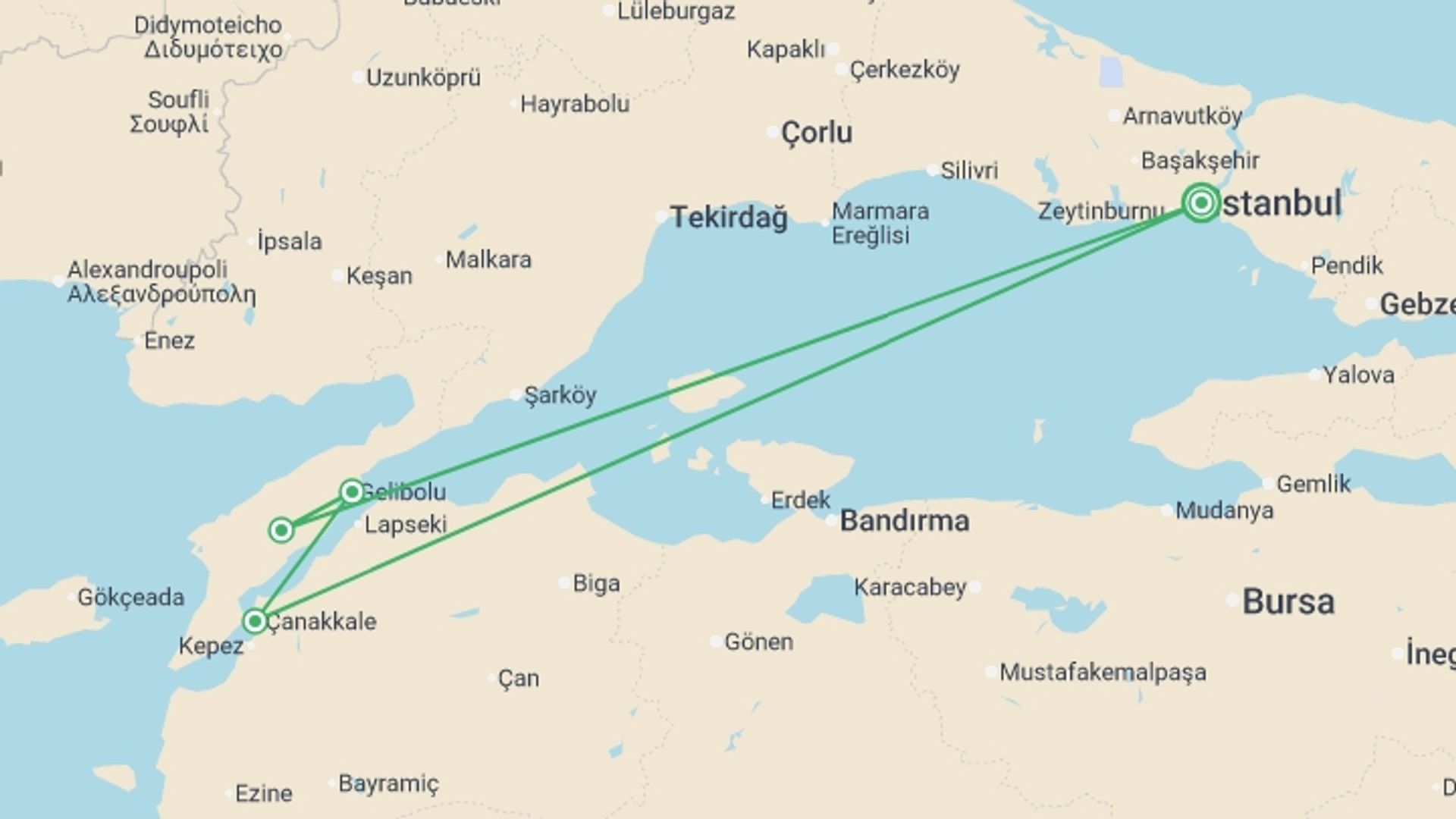 A map showing the tour itinerary for the trip: ANZAC Day Gallipoli Tour - 6 days, starting in Istanbul, Turkey and ending in Istanbul, Turkey going through 3 other destinations.