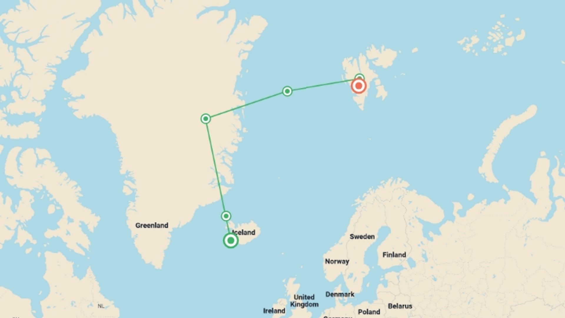 A map showing the tour itinerary for the trip: Arctic Highlights Northbound, starting in Reykjavik, Iceland and ending in Longyearbyen, Norway going through 5 other destinations.