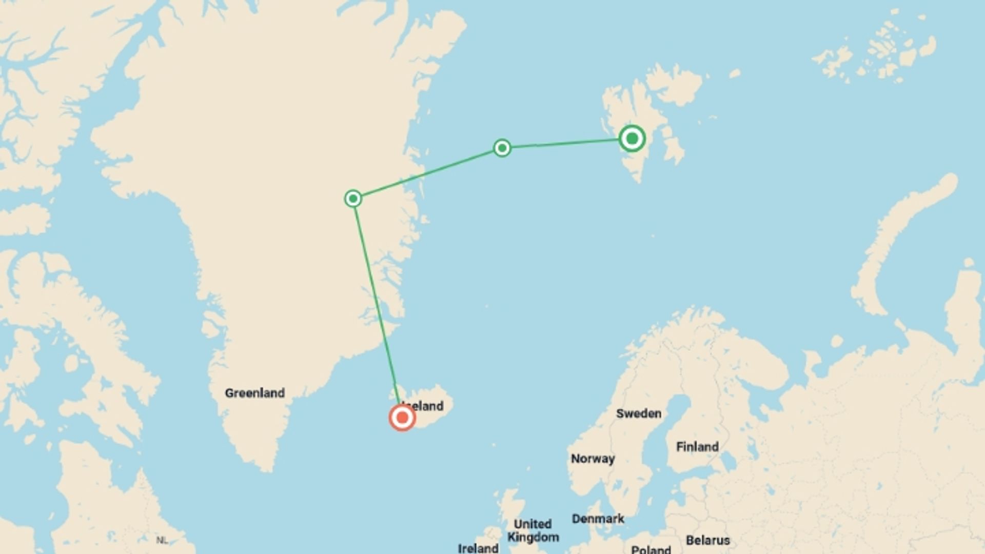 A map showing the tour itinerary for the trip: Arctic Highlights Southbound, starting in Longyearbyen, Norway and ending in Reykjavik, Iceland going through 4 other destinations.