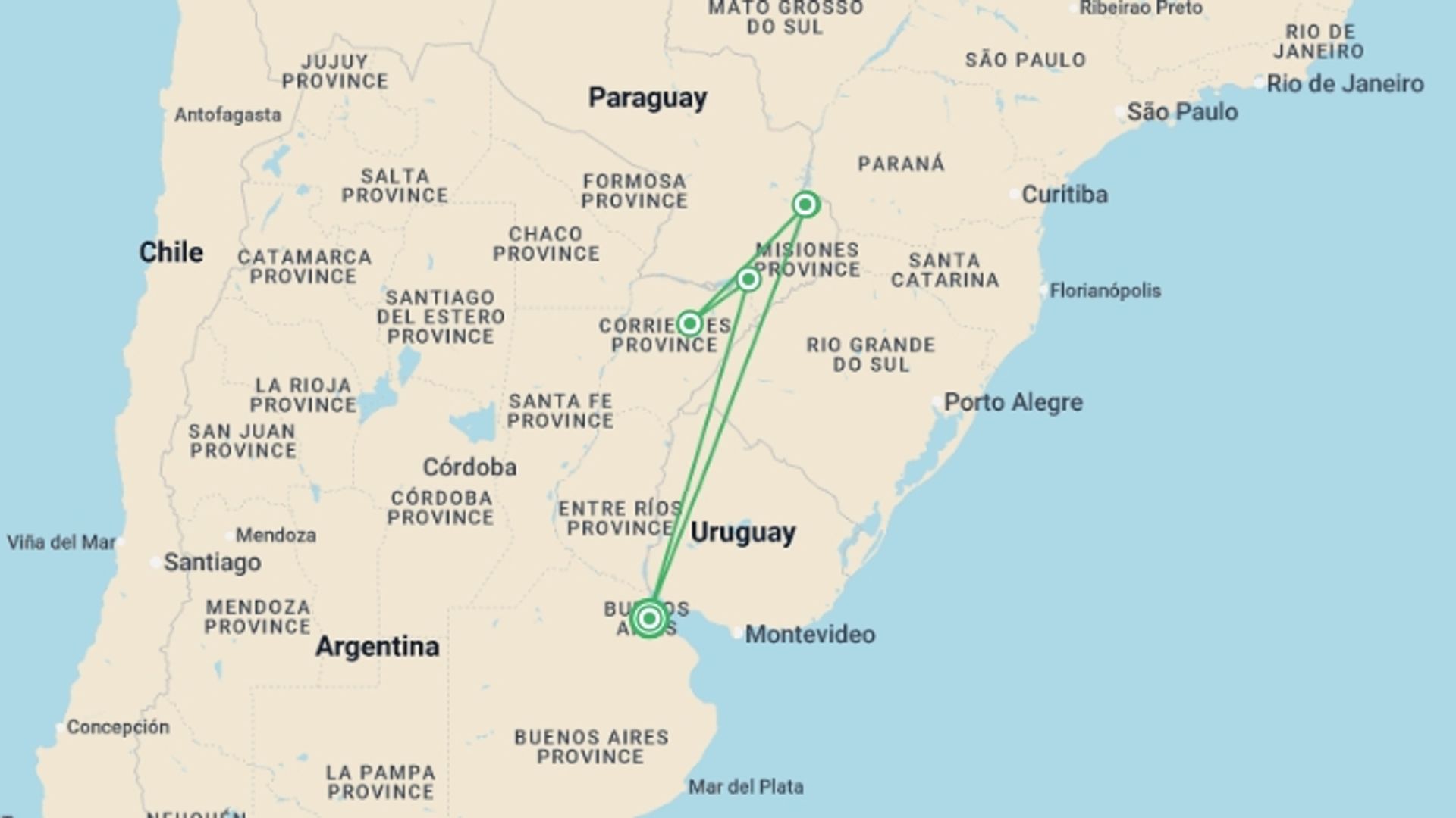 A map showing the tour itinerary for the trip: Argentina: Iguassu Falls & Ibera Wetlands Adventure, starting in Buenos Aires, Argentina and ending in Buenos Aires, Argentina going through 1 other destinations.