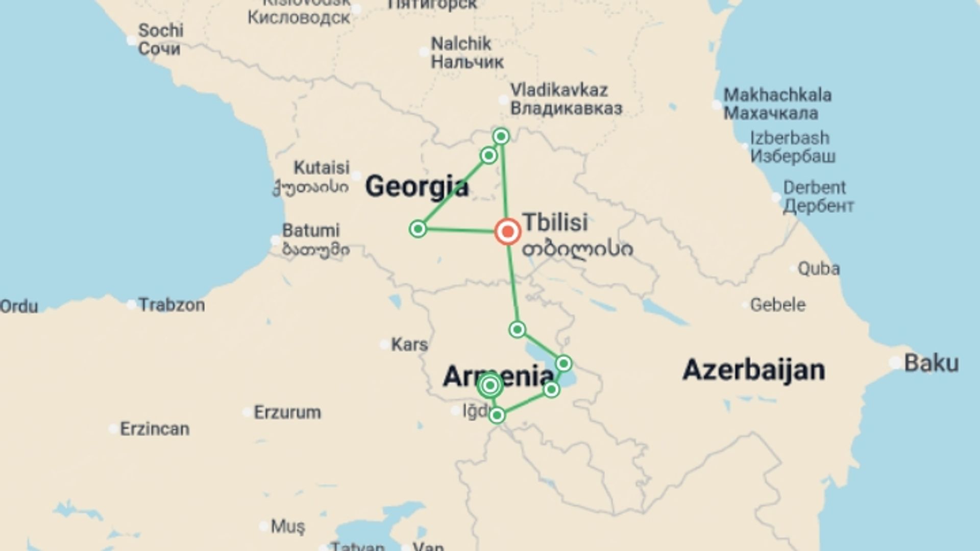 A map showing the tour itinerary for the trip: Armenia to Georgia by Bike, starting in Yerevan, Armenia and ending in Tbilisi, Georgia going through 3 other destinations.