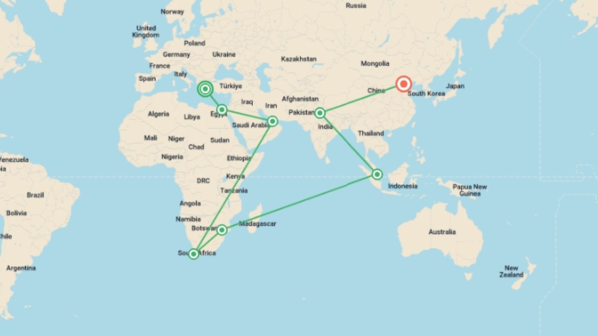 A map showing the tour itinerary for the trip: Around the World, starting in Athens, Greece and ending in Beijing, China going through 9 other destinations.