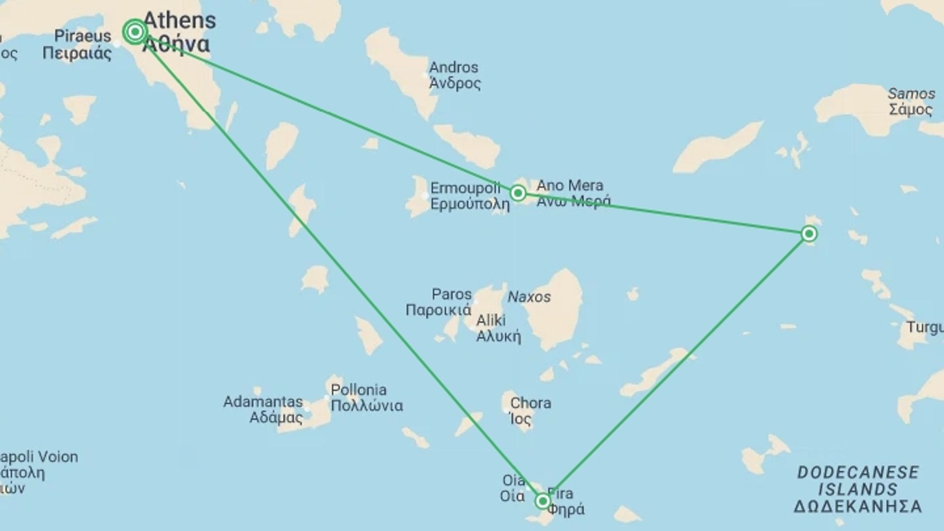 A map showing the tour itinerary for the trip: Athens and Isles Explorer Cruise, starting in Athens, Greece and ending in Athens, Greece going through 5 other destinations.