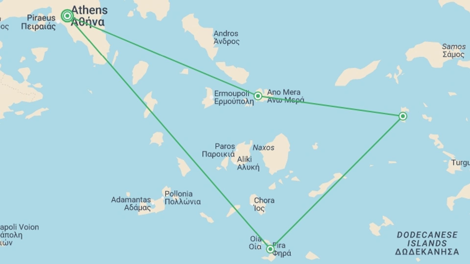 A map showing the tour itinerary for the trip: Athens and Isles Explorer Cruise, starting in Athens, Greece and ending in Athens, Greece going through 5 other destinations.