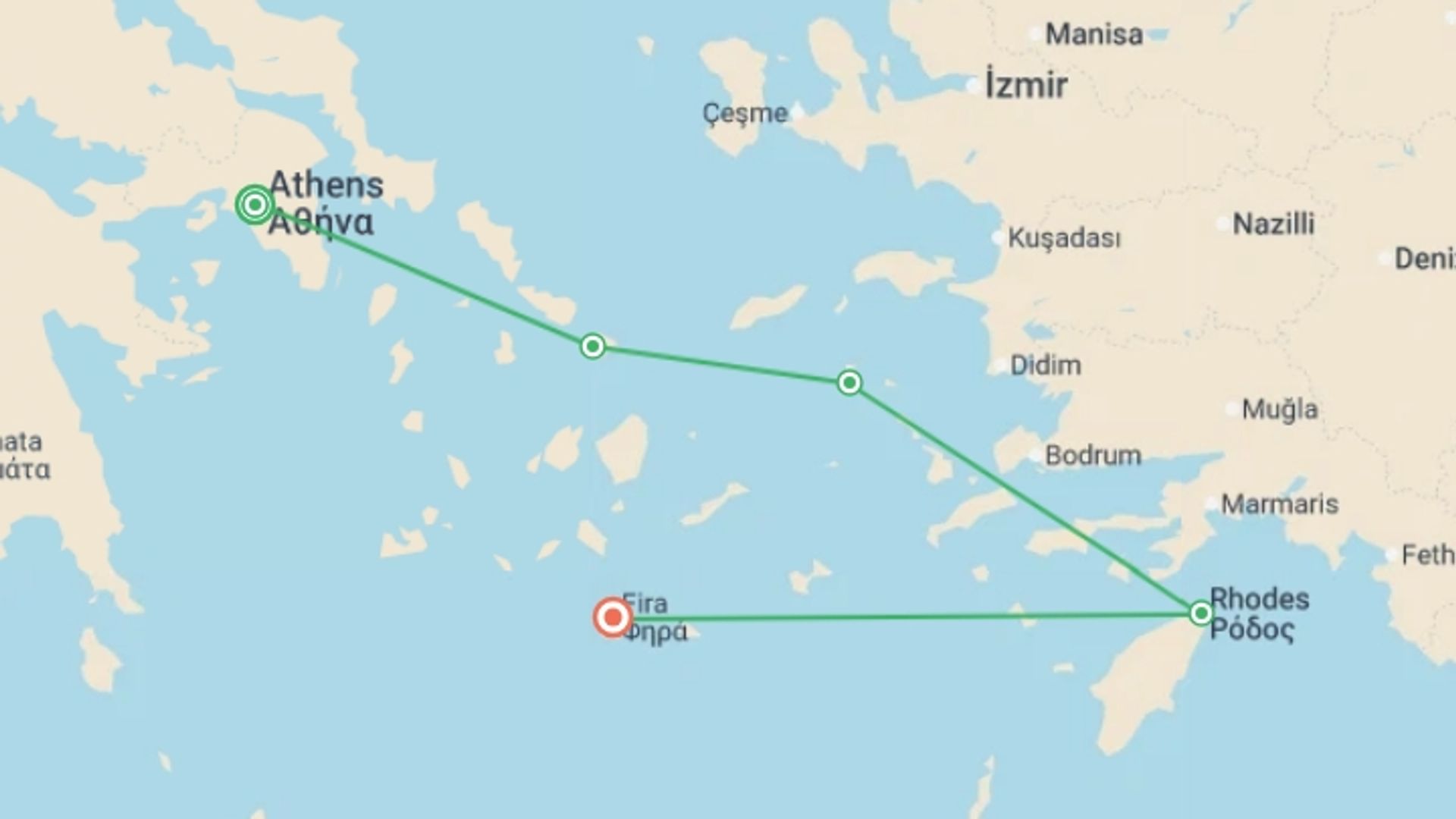 A map showing the tour itinerary for the trip: Athens and Isles Explorer Cruise Plus, starting in Athens, Greece and ending in Santorini, Greece going through 5 other destinations.
